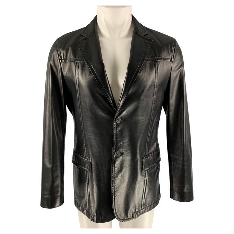 SALVATORE FERRAGAMO Size 40 Solid Notch Lapel Black Leather Jacket For Sale  at 1stDibs