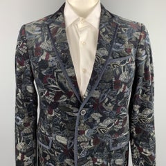 SALVATORE FERRAGAMO Size 42 Black & Grey Feather Print Velvet Sport Coat