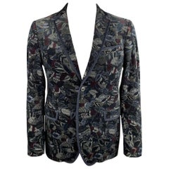 SALVATORE FERRAGAMO Size 42 Black & Grey Feather Print Velvet Sport Coat