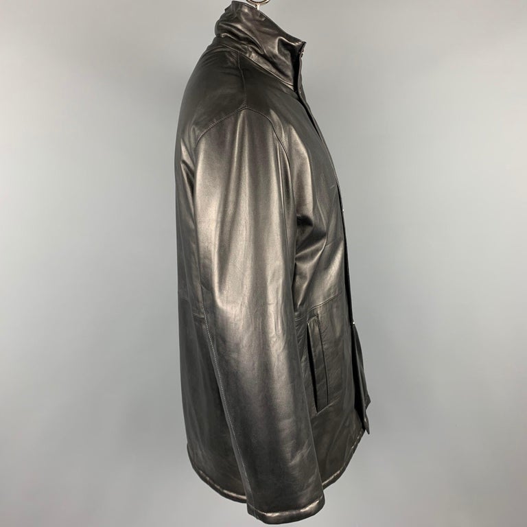 SALVATORE FERRAGAMO Size 42 Black Leather Zip & Snaps Reversible Coat In Good Condition For Sale In San Francisco, CA