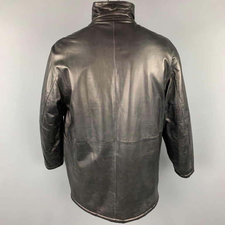Men's SALVATORE FERRAGAMO Size 42 Black Leather Zip & Snaps Reversible Coat For Sale