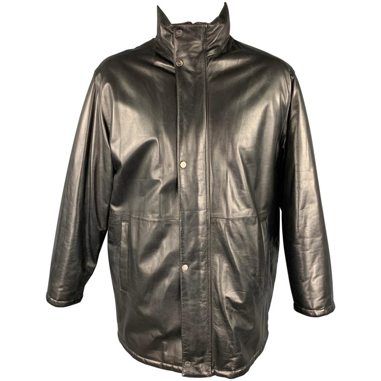 SALVATORE FERRAGAMO Size 42 Black Leather Zip & Snaps Reversible Coat For Sale