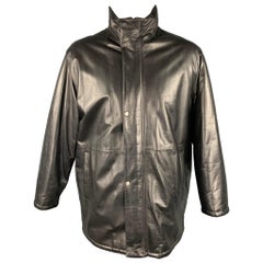 SALVATORE FERRAGAMO Talla 42 Abrigo reversible de piel negra con cremallera y botones a presión