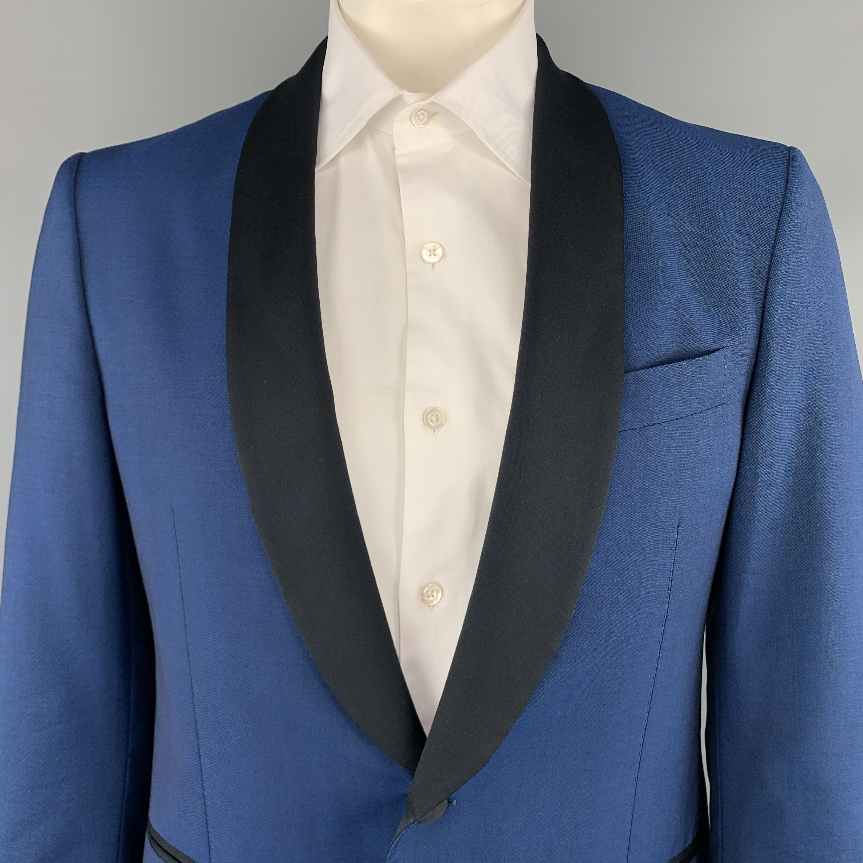 navy blue tuxedo jacket with black satin shawl lapel