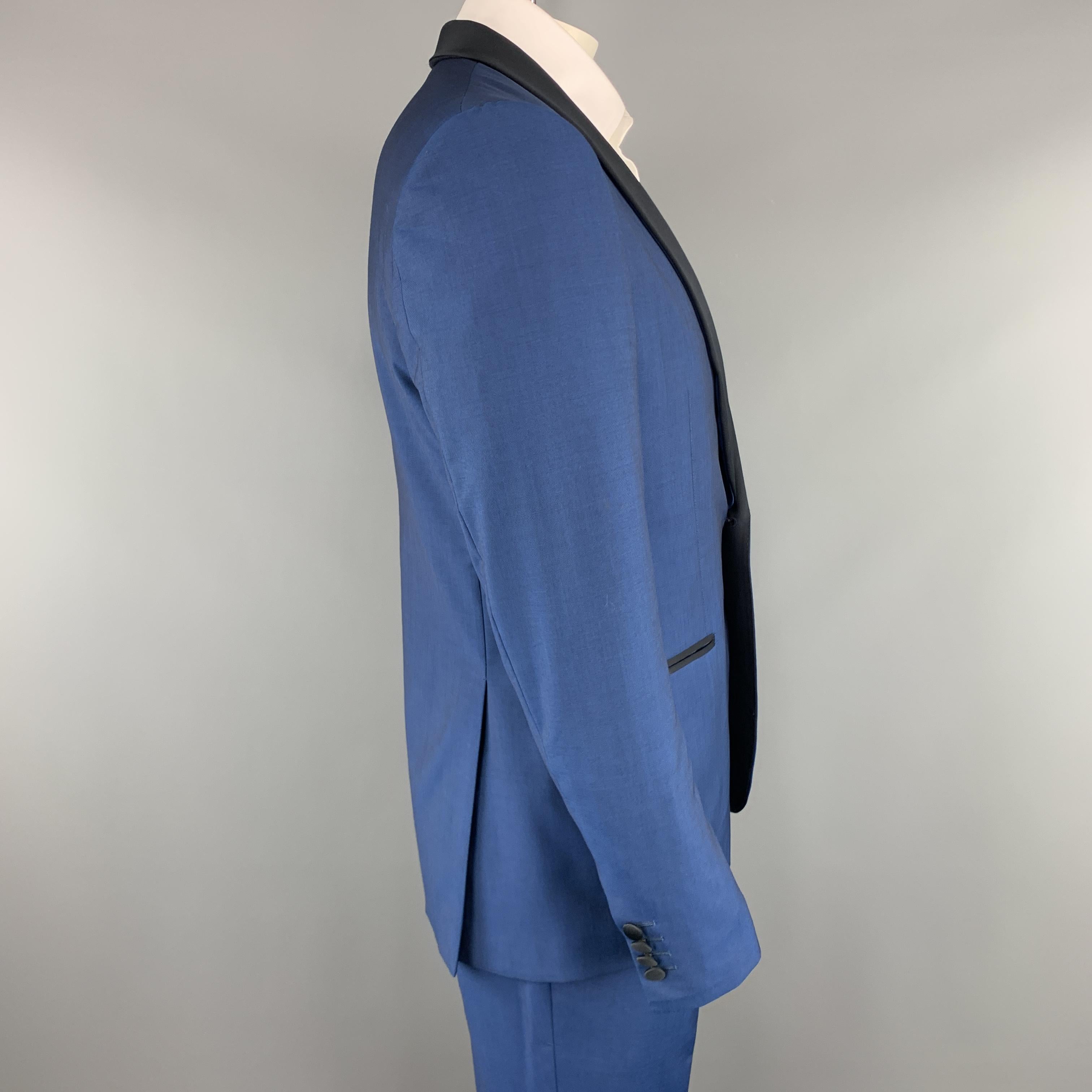 Purple SALVATORE FERRAGAMO Size 42 Blue Wool / Mohair Black Satin Shawl Collar Tuxedo