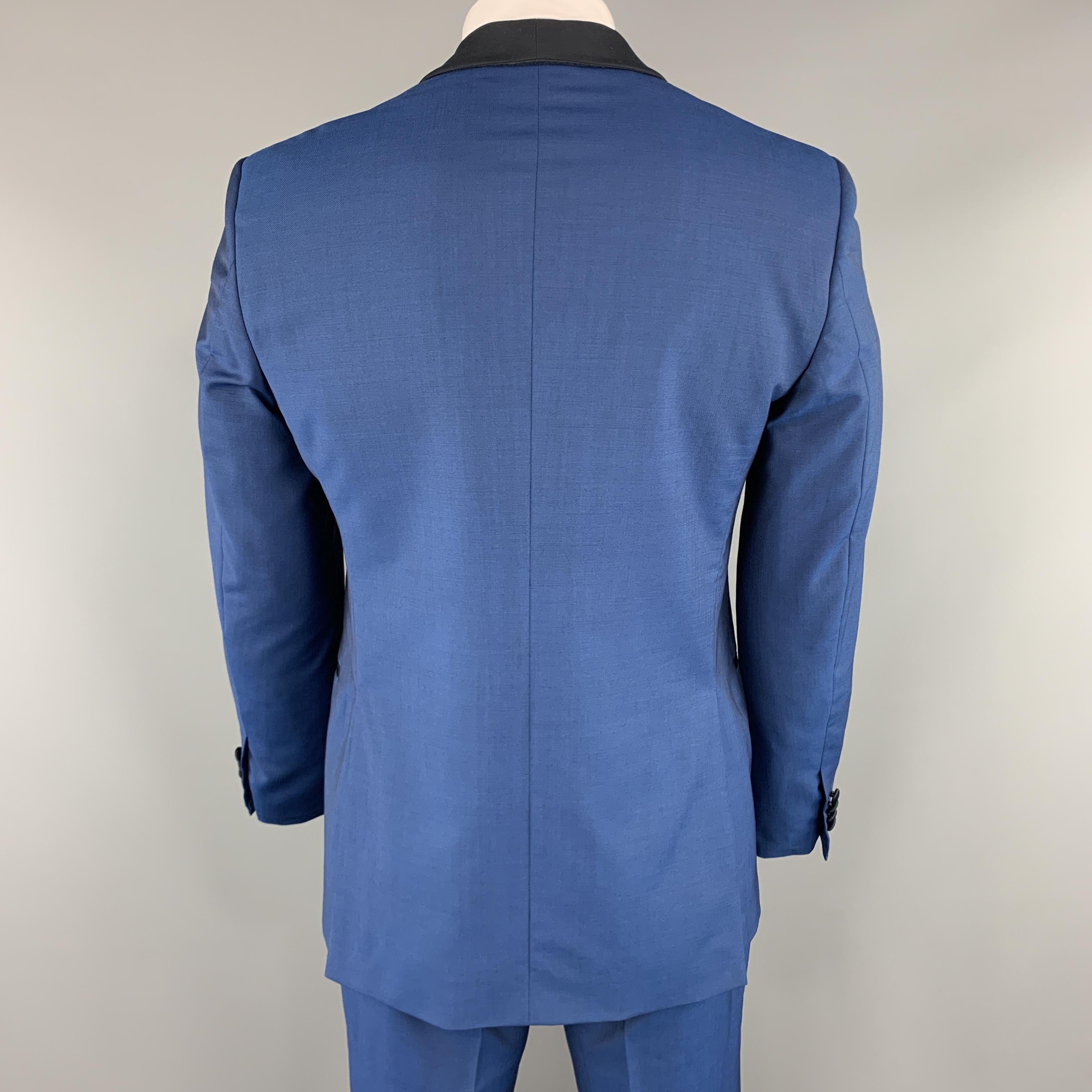 SALVATORE FERRAGAMO Size 42 Blue Wool / Mohair Black Satin Shawl Collar Tuxedo In Excellent Condition In San Francisco, CA