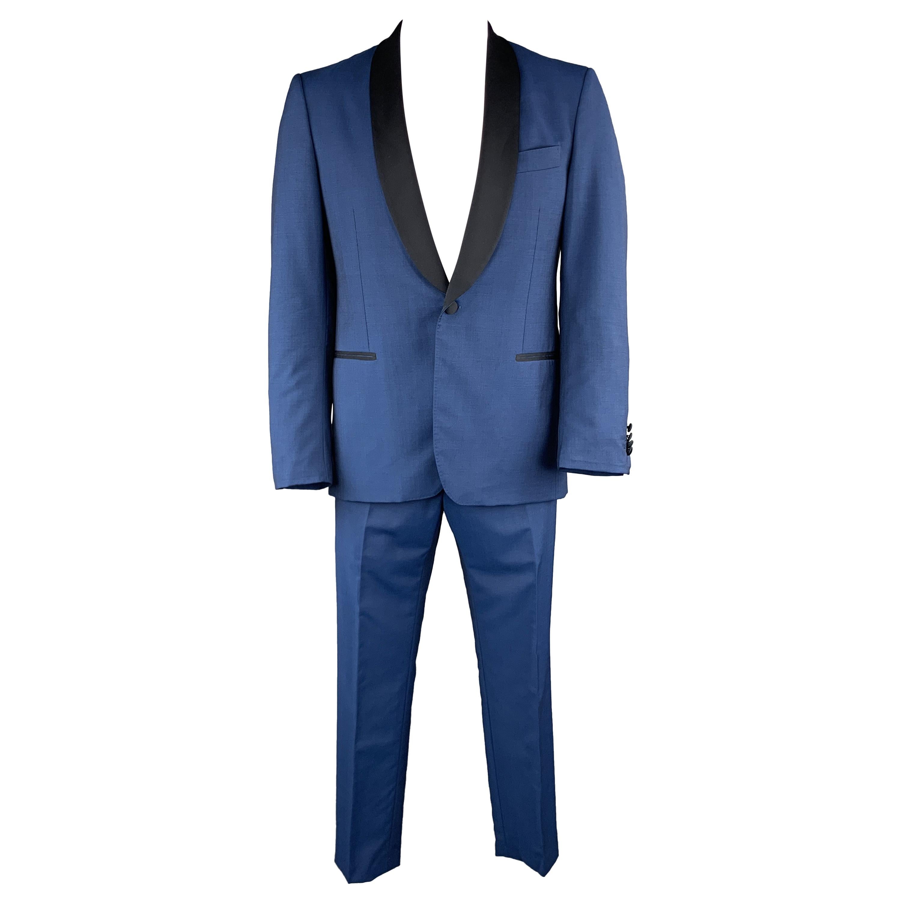 SALVATORE FERRAGAMO Size 42 Blue Wool / Mohair Black Satin Shawl Collar Tuxedo