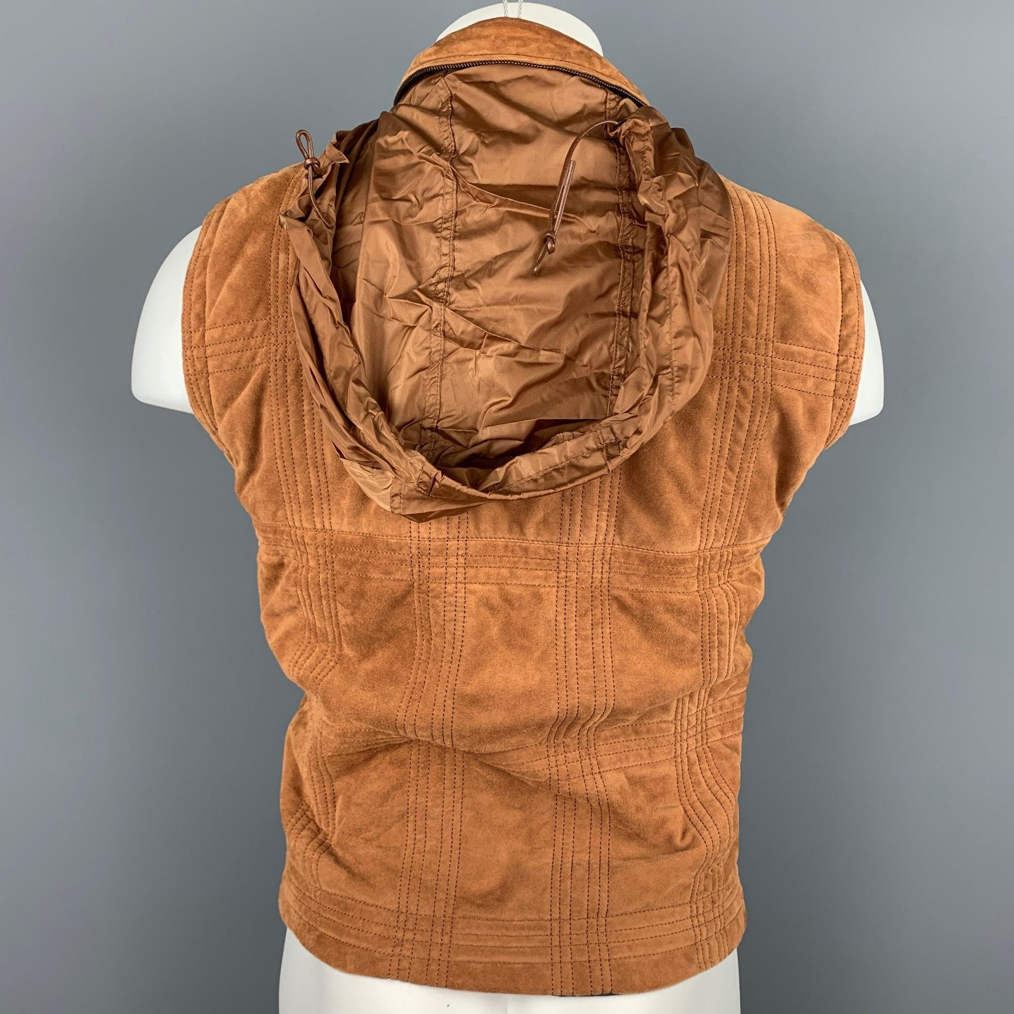 Men's SALVATORE FERRAGAMO Size 42 Tan Suede Quilted Zip Up Hooded Vest For Sale