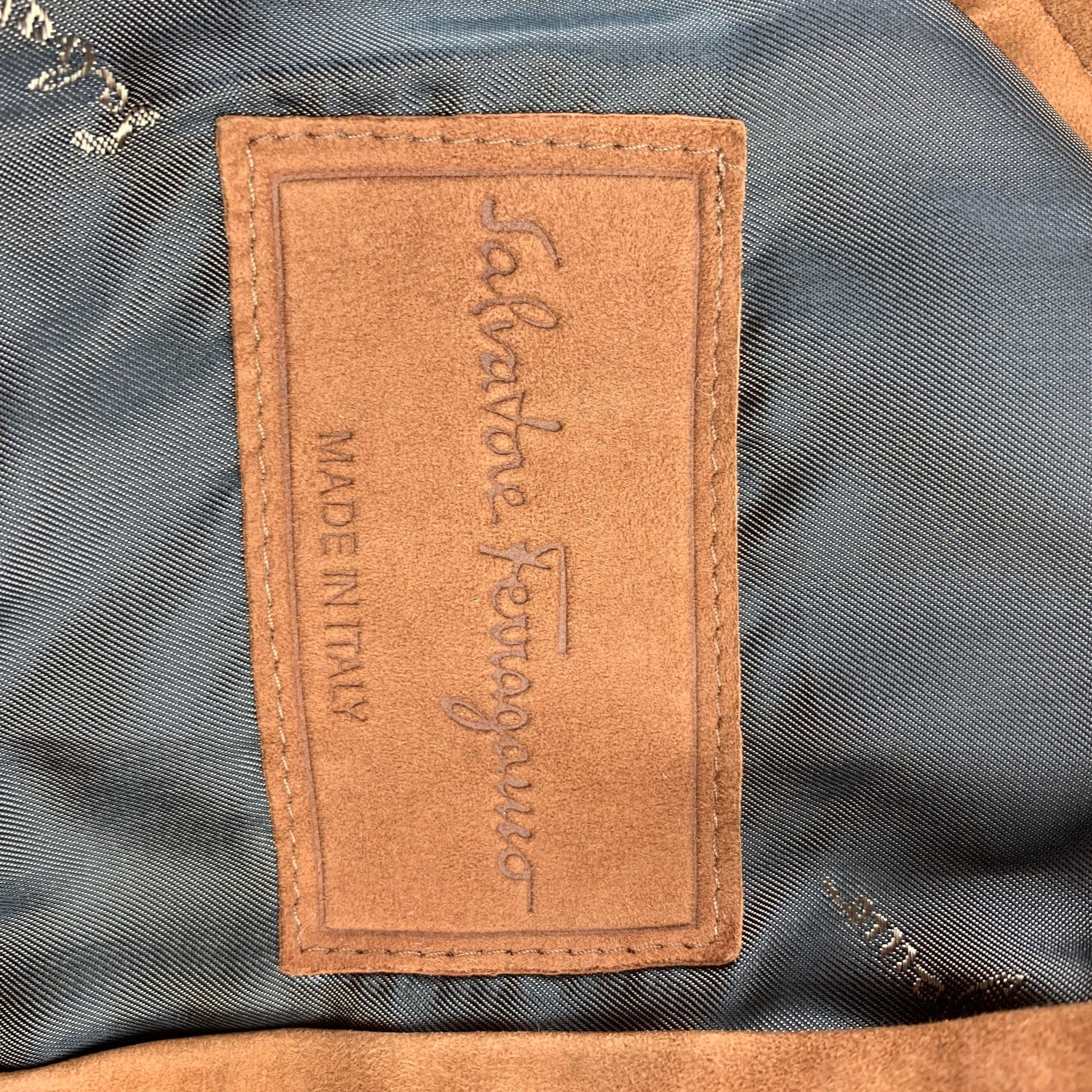 SALVATORE FERRAGAMO Size 42 Tan Suede Quilted Zip Up Hooded Vest For Sale 3