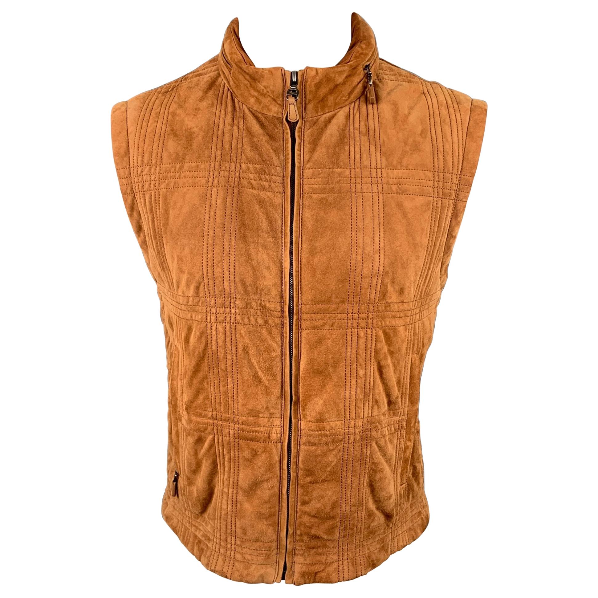 SALVATORE FERRAGAMO Size 42 Tan Suede Quilted Zip Up Hooded Vest