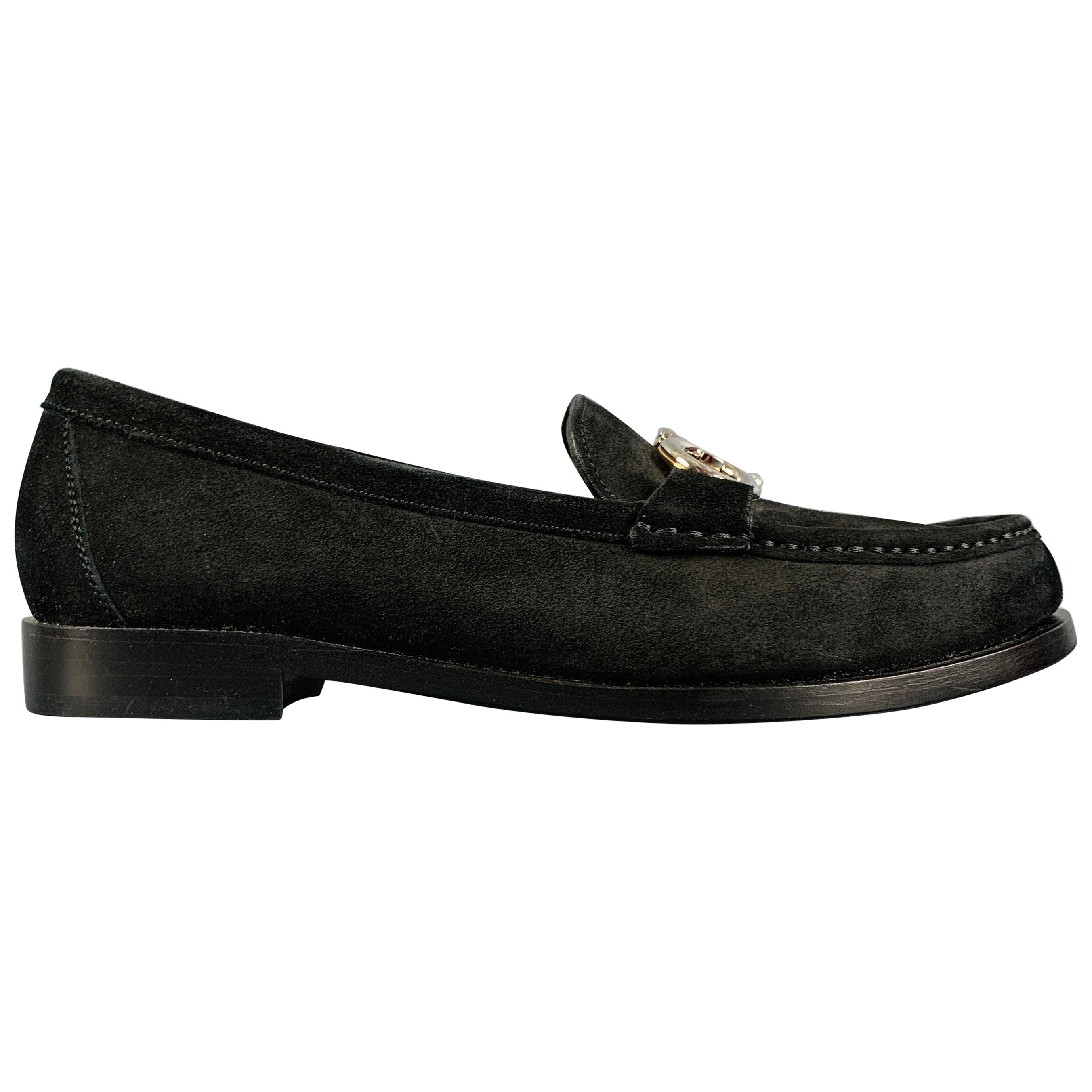 Salvatore Ferragamo Taglia 6.5 Nero Argento Oro Camoscio Loafer Flats
