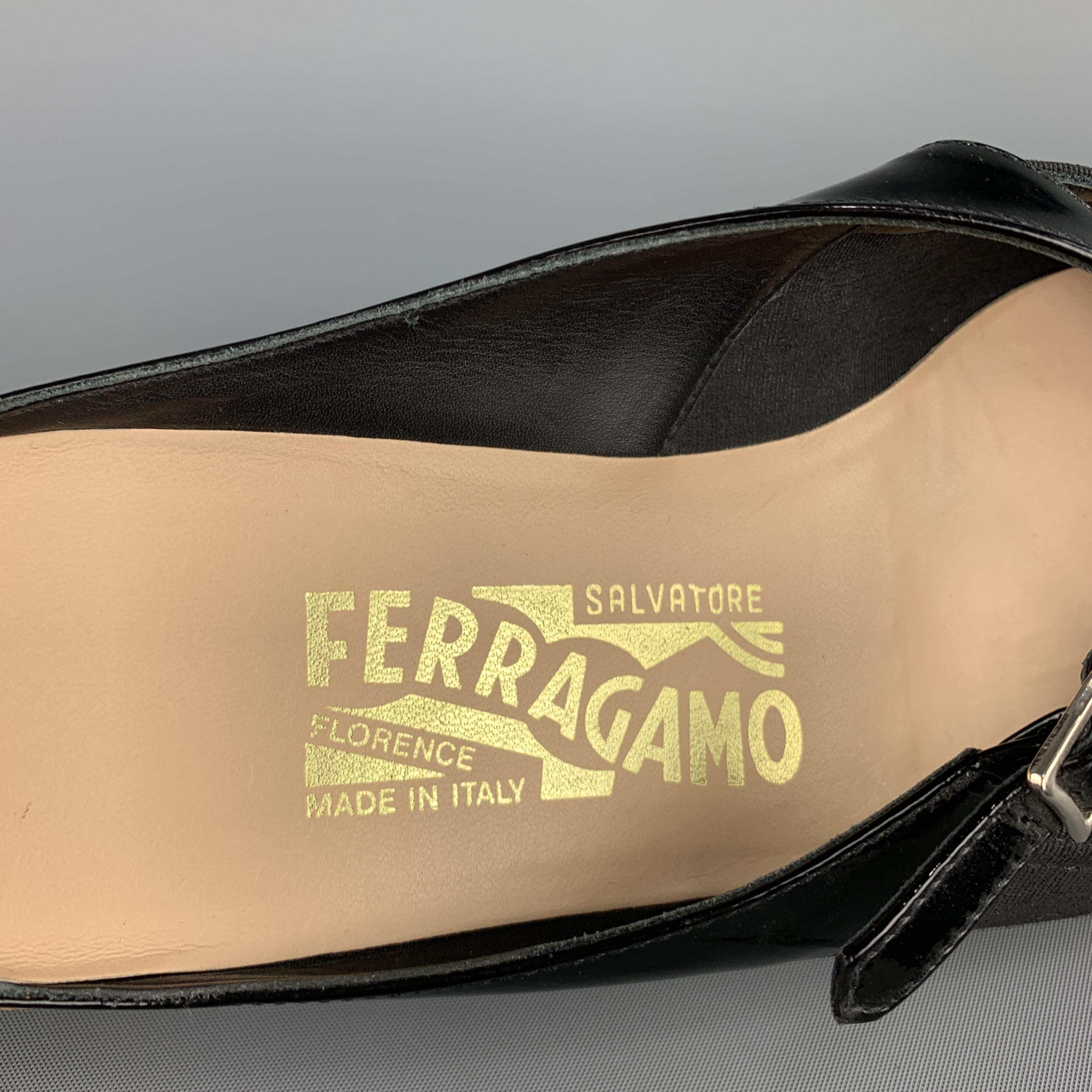 SALVATORE FERRAGAMO Size 7.5 Black Silk Faille & Patent Leather Flats 1