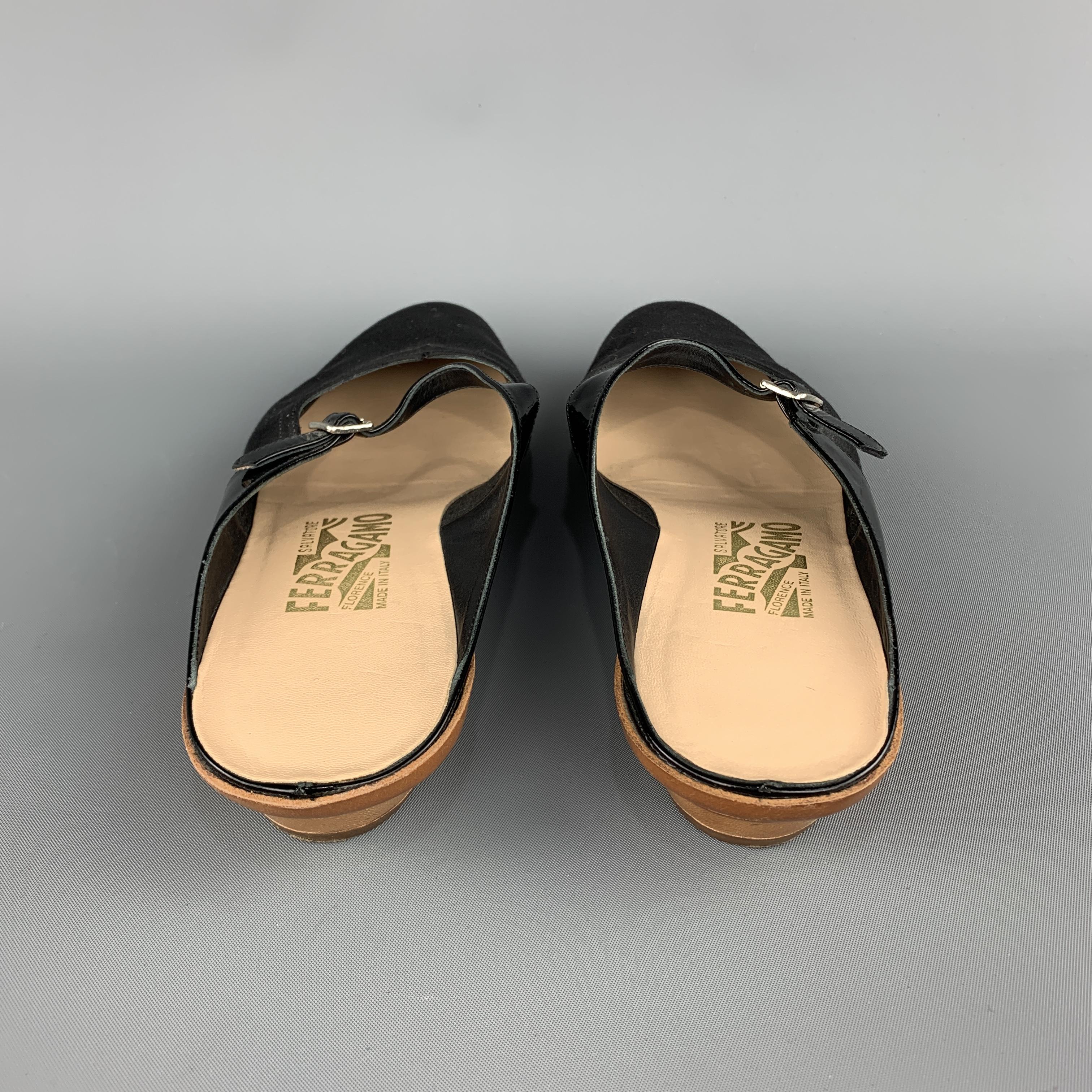 SALVATORE FERRAGAMO Size 7.5 Black Silk Faille & Patent Leather Flats 2