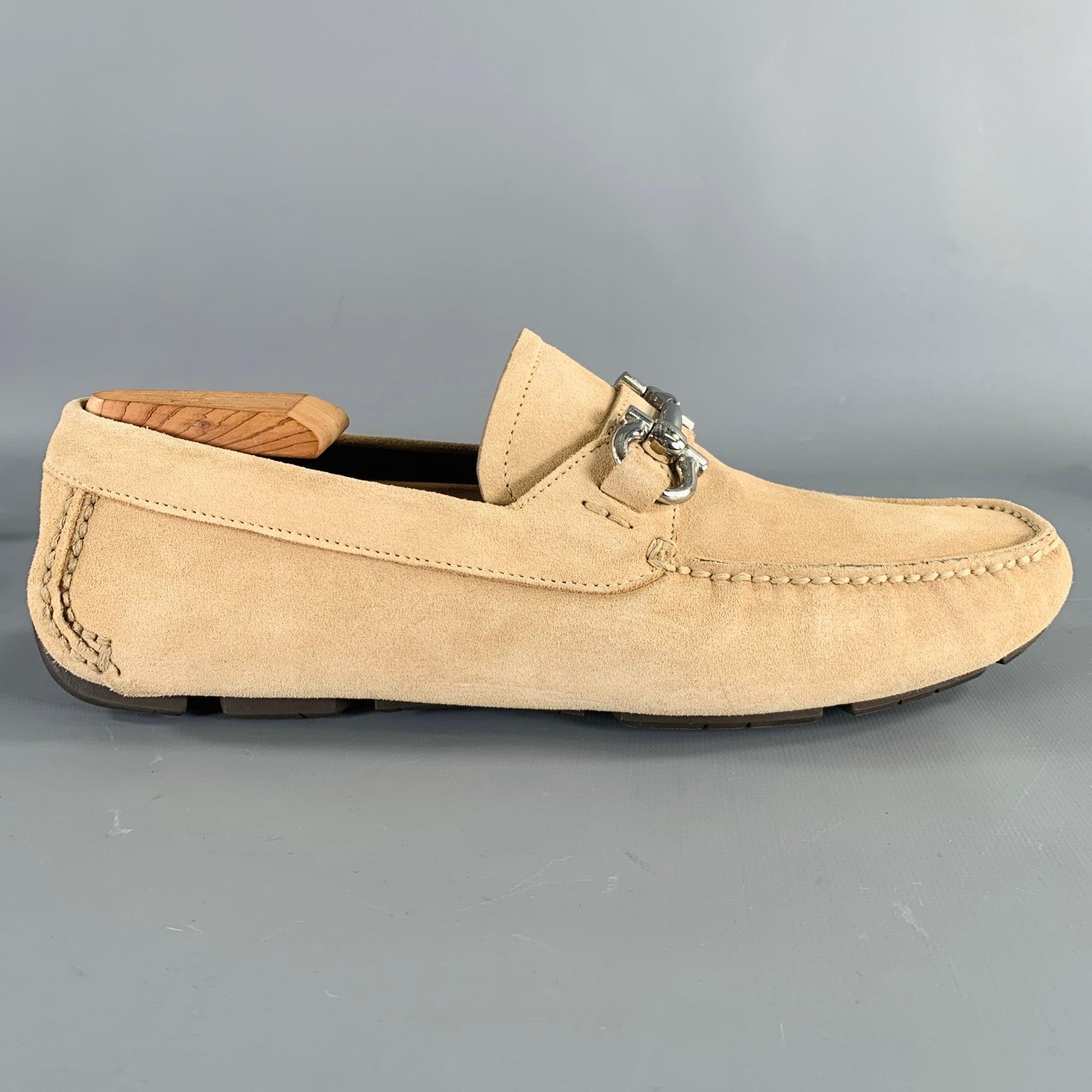 SALVATORE FERRAGAMO loafers
in a beige suede featuring silver tone horsebit details, a drivers style with rubber sole, and slip on closure. Comes with dust bag. Made in Italy.New without Box. 

Marked:   ZM 8 EEOutsole: 11.25 x 3.75 inches 
  
  
