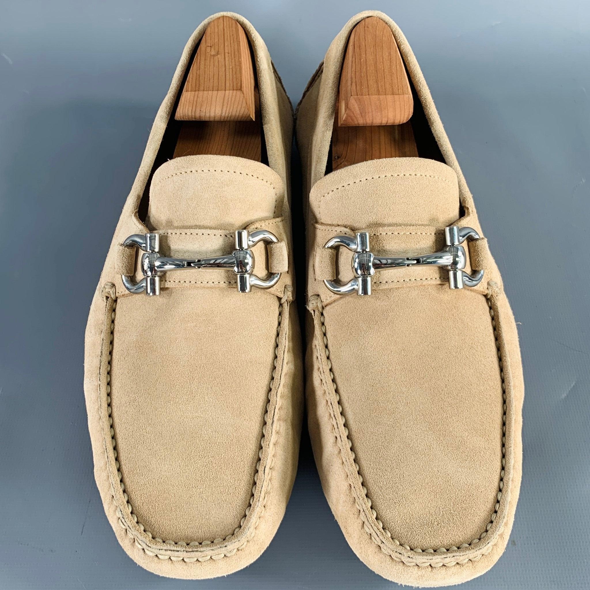 Men's SALVATORE FERRAGAMO Size 8 Beige Silver Suede Drivers Loafers