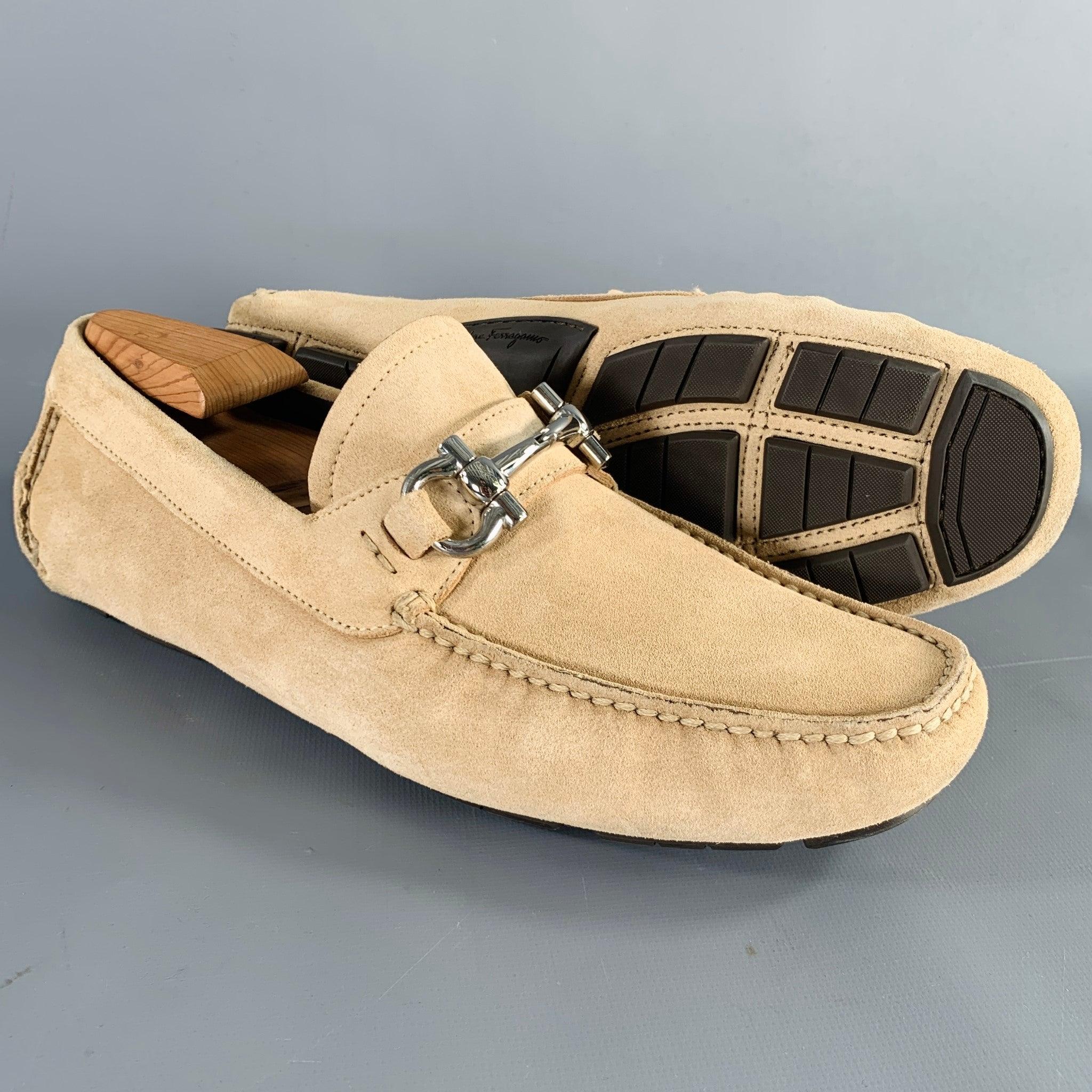 SALVATORE FERRAGAMO Size 8 Beige Silver Suede Drivers Loafers 1