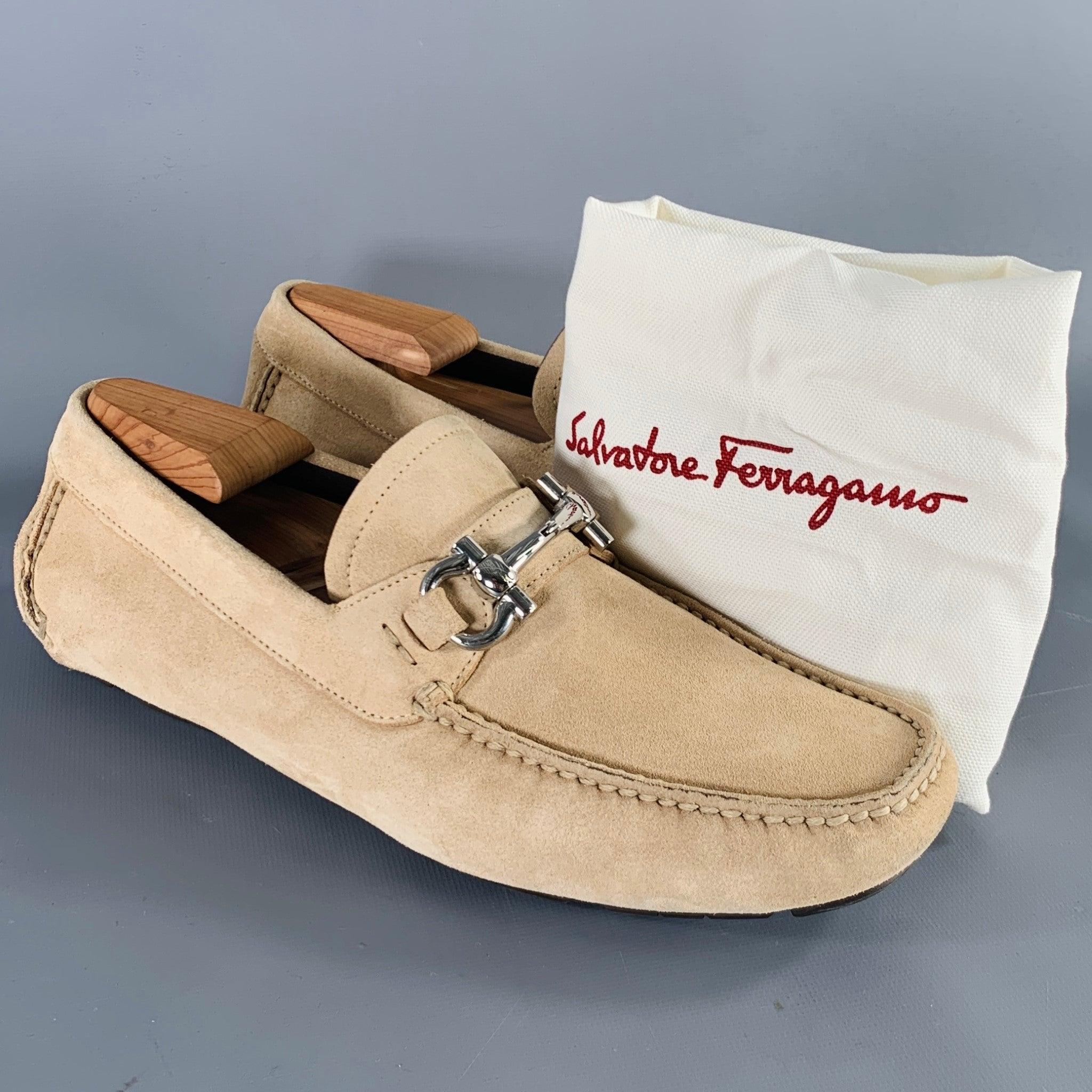 SALVATORE FERRAGAMO Size 8 Beige Silver Suede Drivers Loafers 3