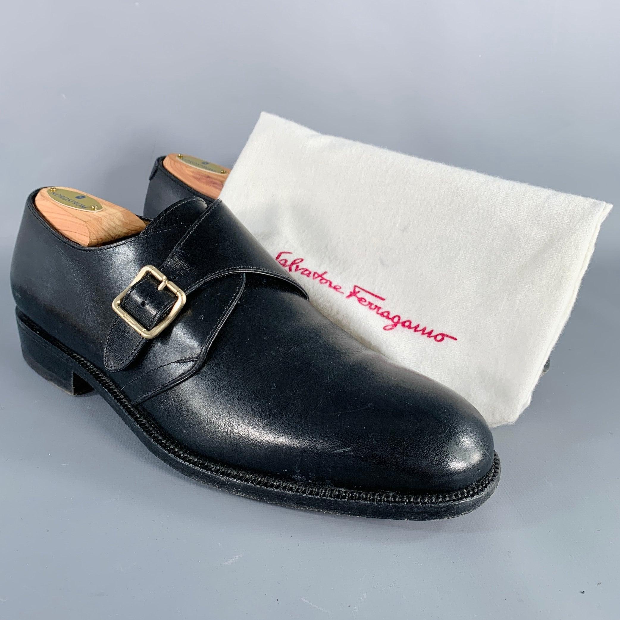 SALVATORE FERRAGAMO Size 8 Black Leather Monk Strap Loafers For Sale 7