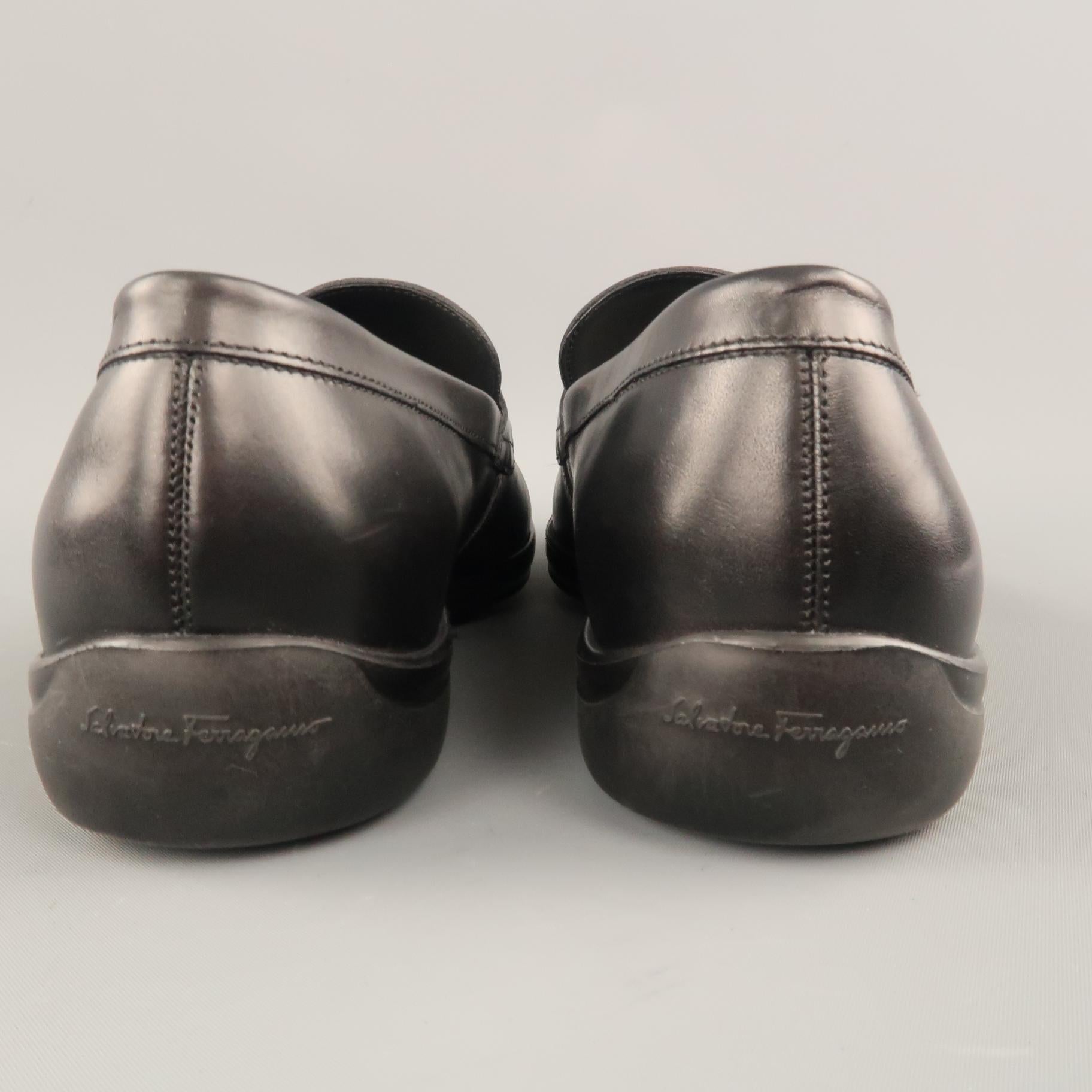 SALVATORE FERRAGAMO Size 8 Black Leather Silver Metal Gancini Loafers 1