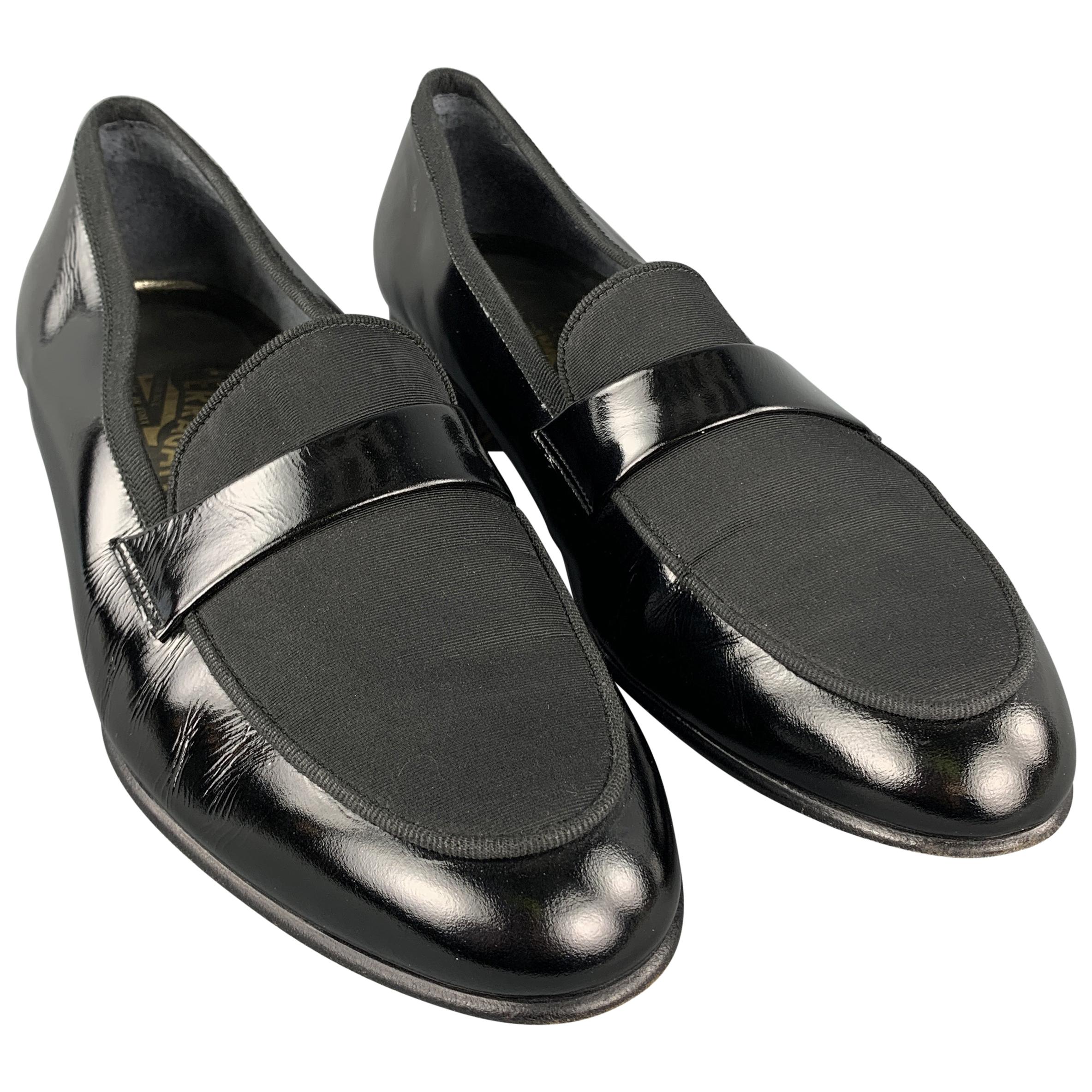 SALVATORE FERRAGAMO Size 8 Black Mixed Materials Patent Leather Slip On Loafers