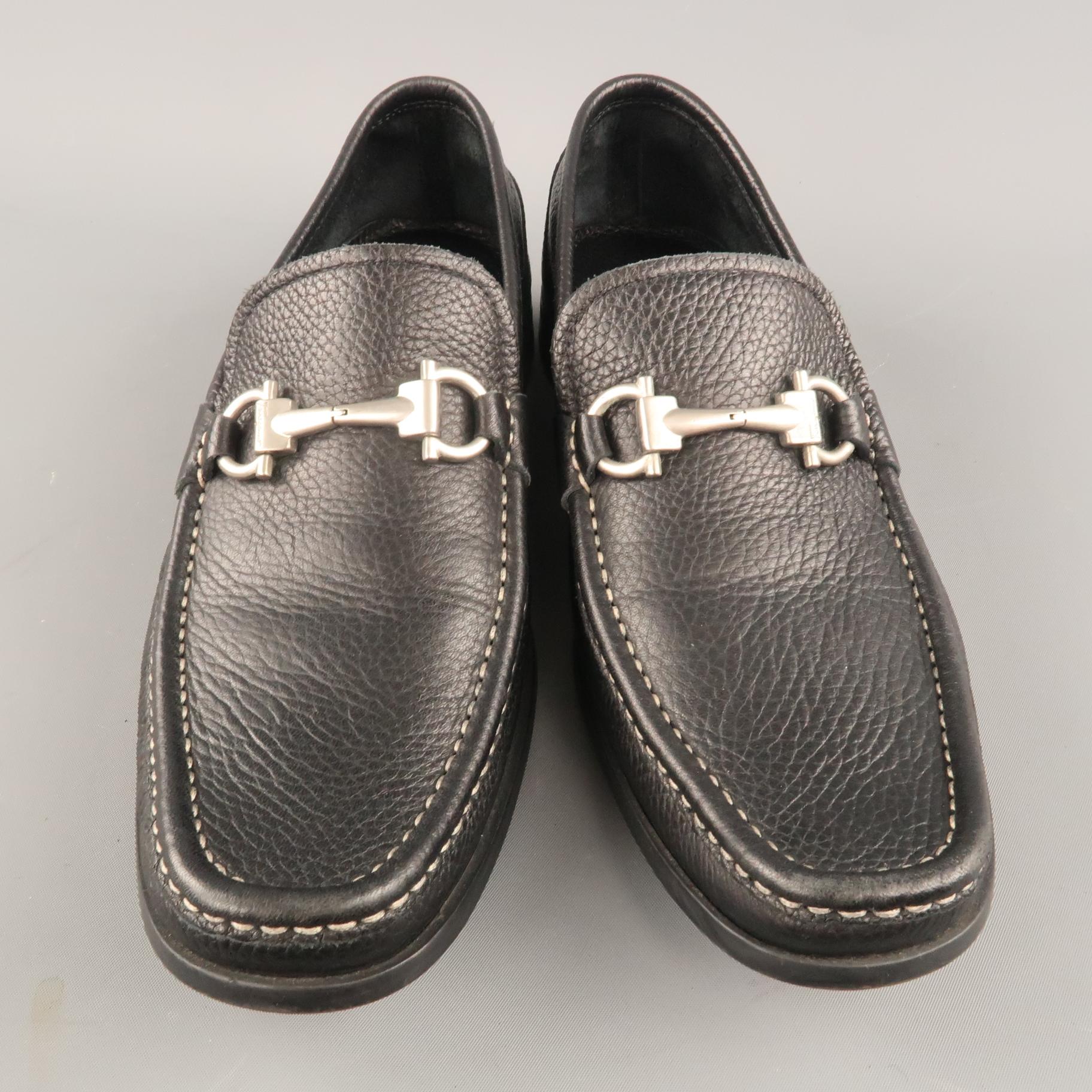 SALVATORE FERRAGAMO Size 8 Black Textured Leather Silver Gancini Loafers In Excellent Condition In San Francisco, CA