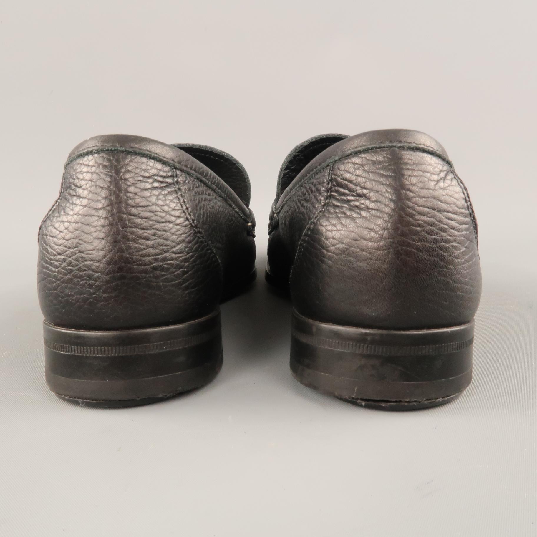 SALVATORE FERRAGAMO Size 8 Black Textured Leather Silver Gancini Loafers 2