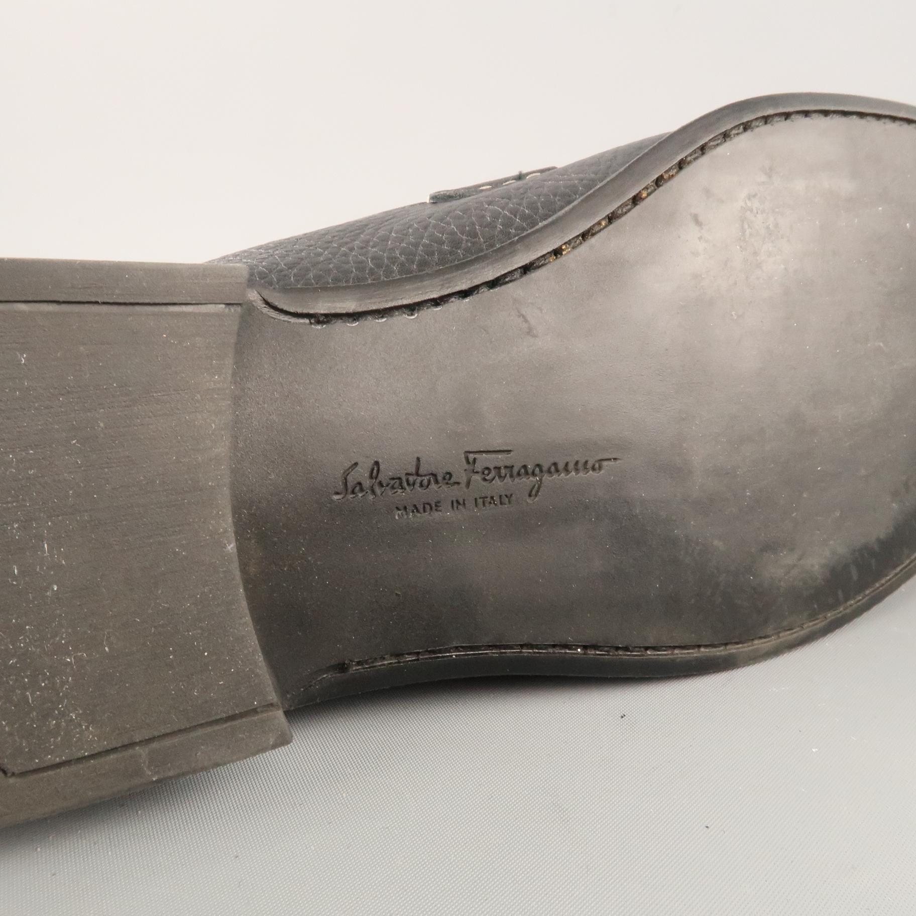 SALVATORE FERRAGAMO Size 8 Black Textured Leather Silver Gancini Loafers 3