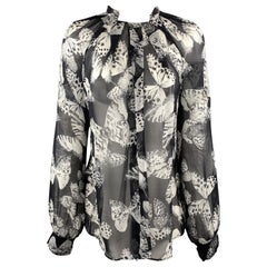 SALVATORE FERRAGAMO Size 8 Black & White Butterfly Print Silk Chiffon Blouse