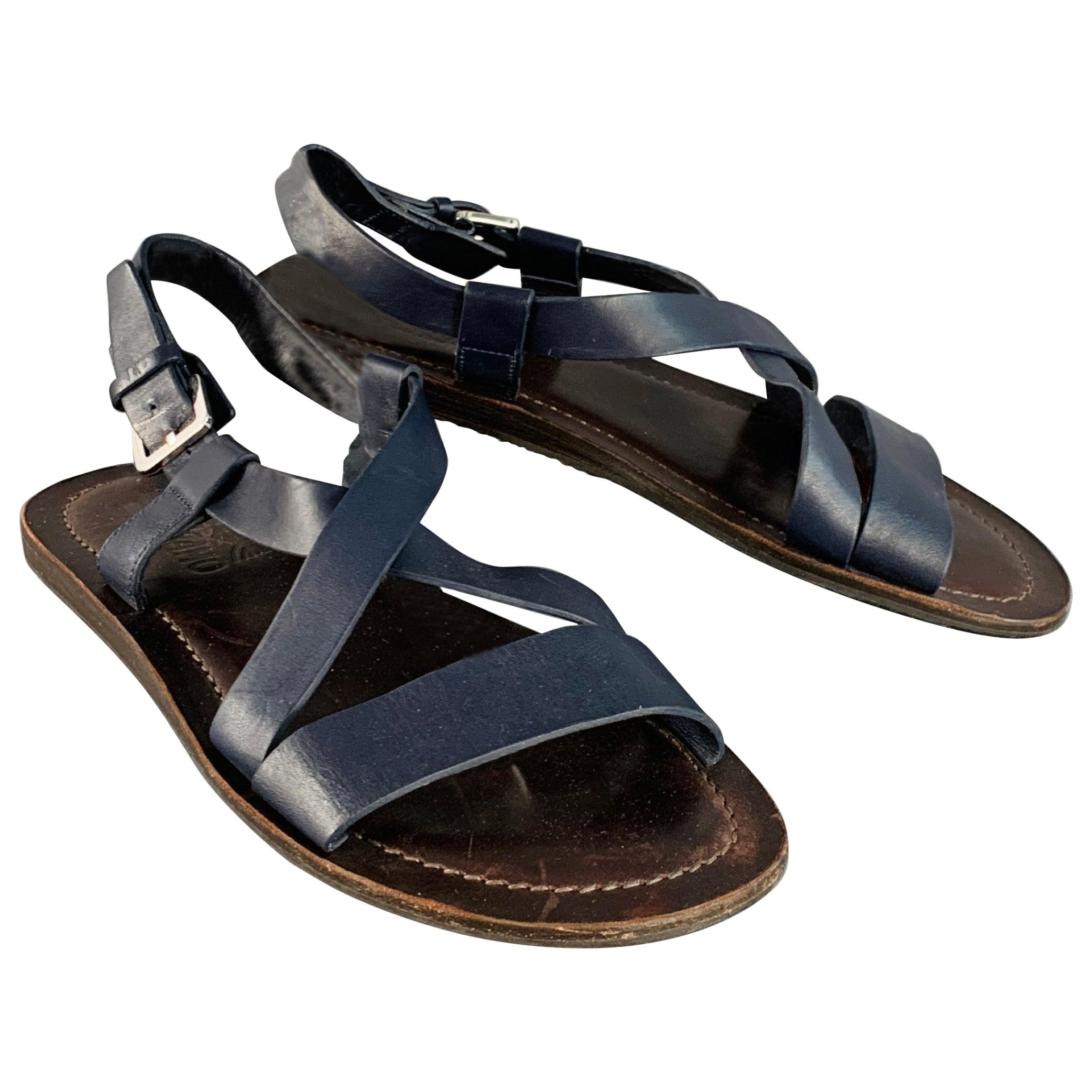 Salvatore Ferragamo Sandali in Pelle Marrone Navy Taglia 8 in vendita