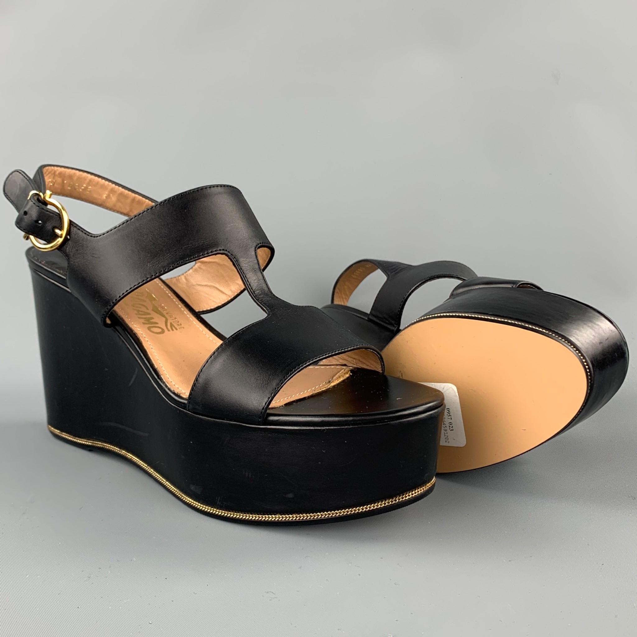 SALVATORE FERRAGAMO Size 8.5 Black Leather Platform Sandals In Good Condition In San Francisco, CA