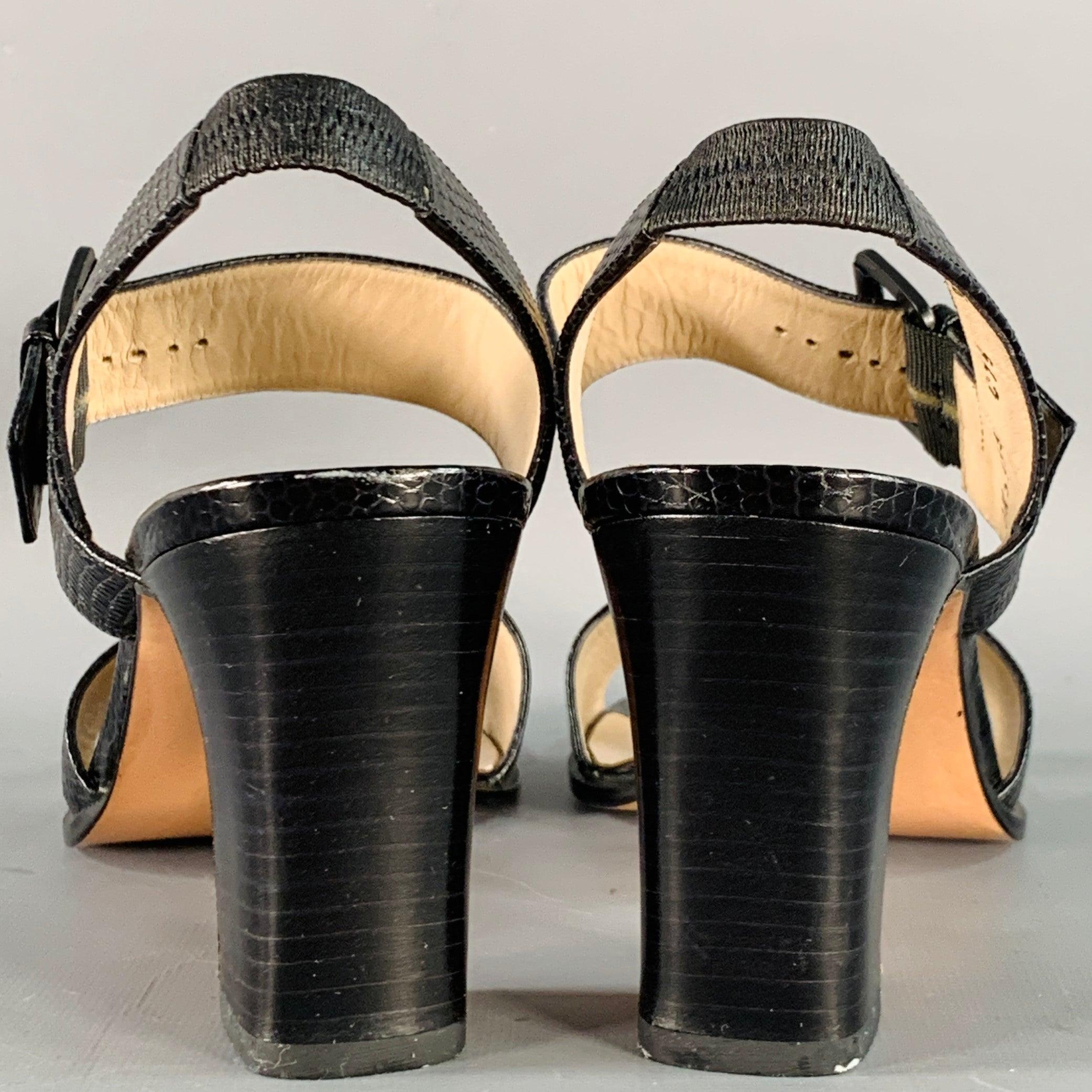 SALVATORE FERRAGAMO Size 9 Black Gold Snake Embossed Chunky Heel Slingback Sandals In Excellent Condition For Sale In San Francisco, CA