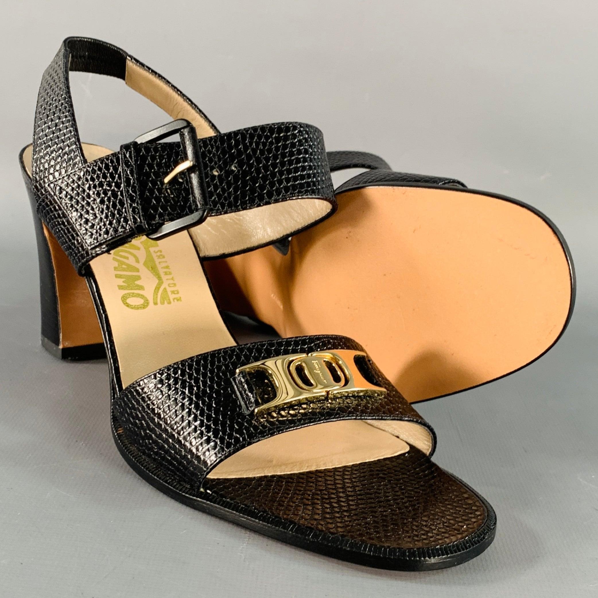 SALVATORE FERRAGAMO Size 9 Black Gold Snake Embossed Chunky Heel Slingback Sandals For Sale 1