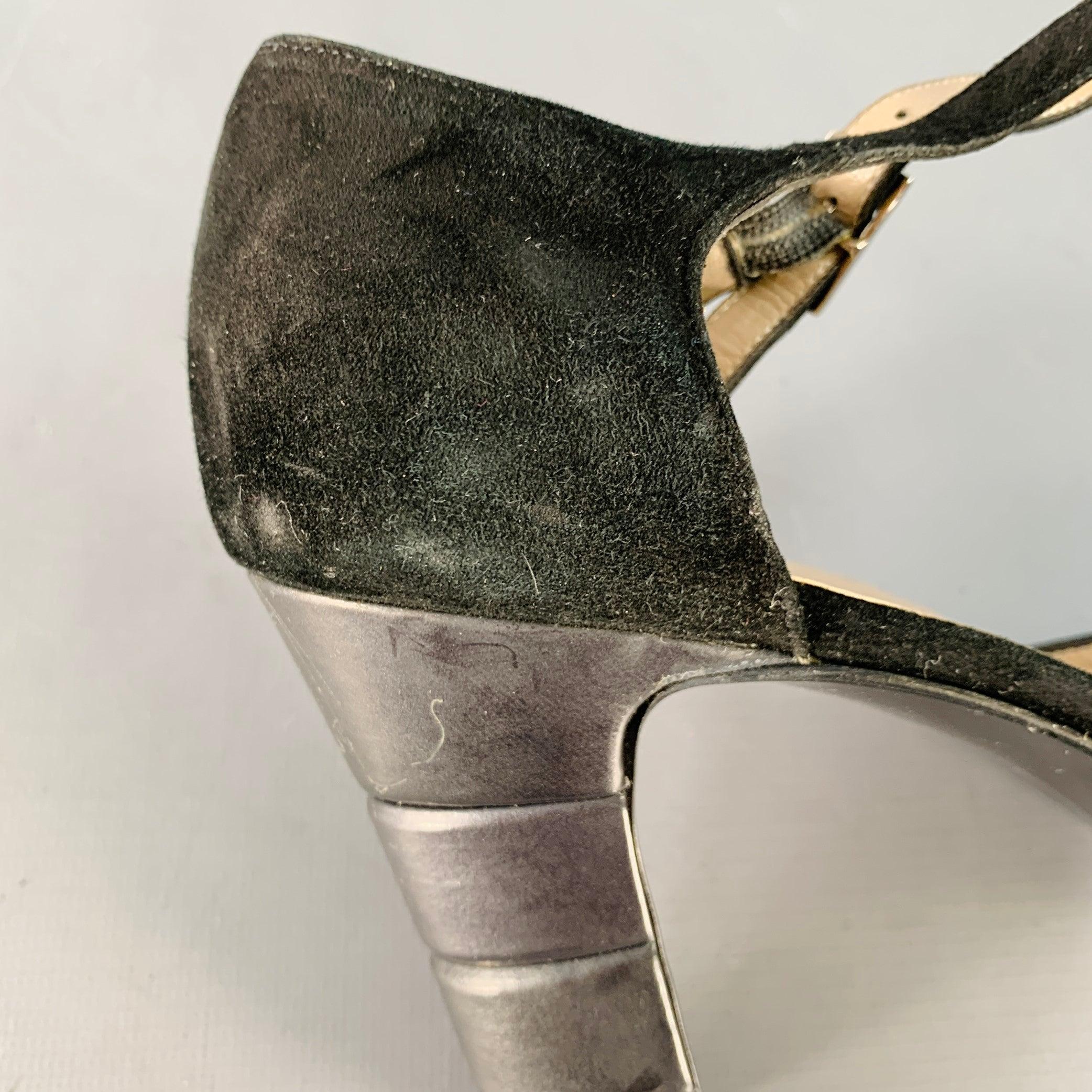 SALVATORE FERRAGAMO Size 9 Black Suede Peep Toe Stacked Heel Ankle Strap Sandals For Sale 6