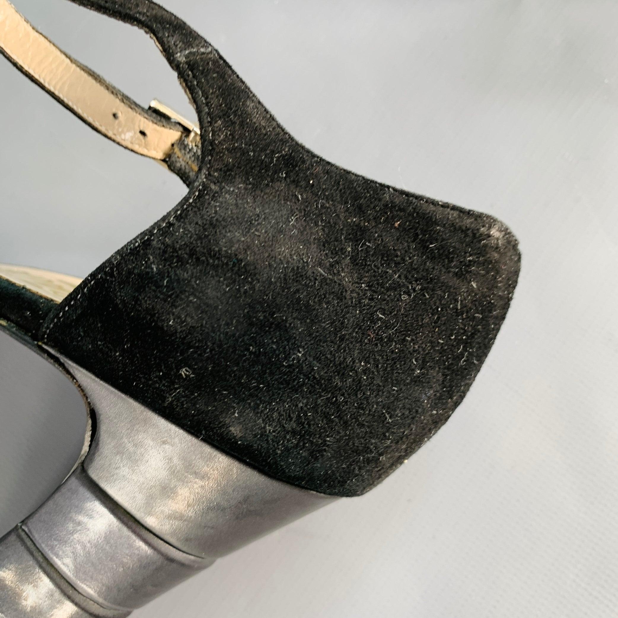 SALVATORE FERRAGAMO Size 9 Black Suede Peep Toe Stacked Heel Ankle Strap Sandals For Sale 7