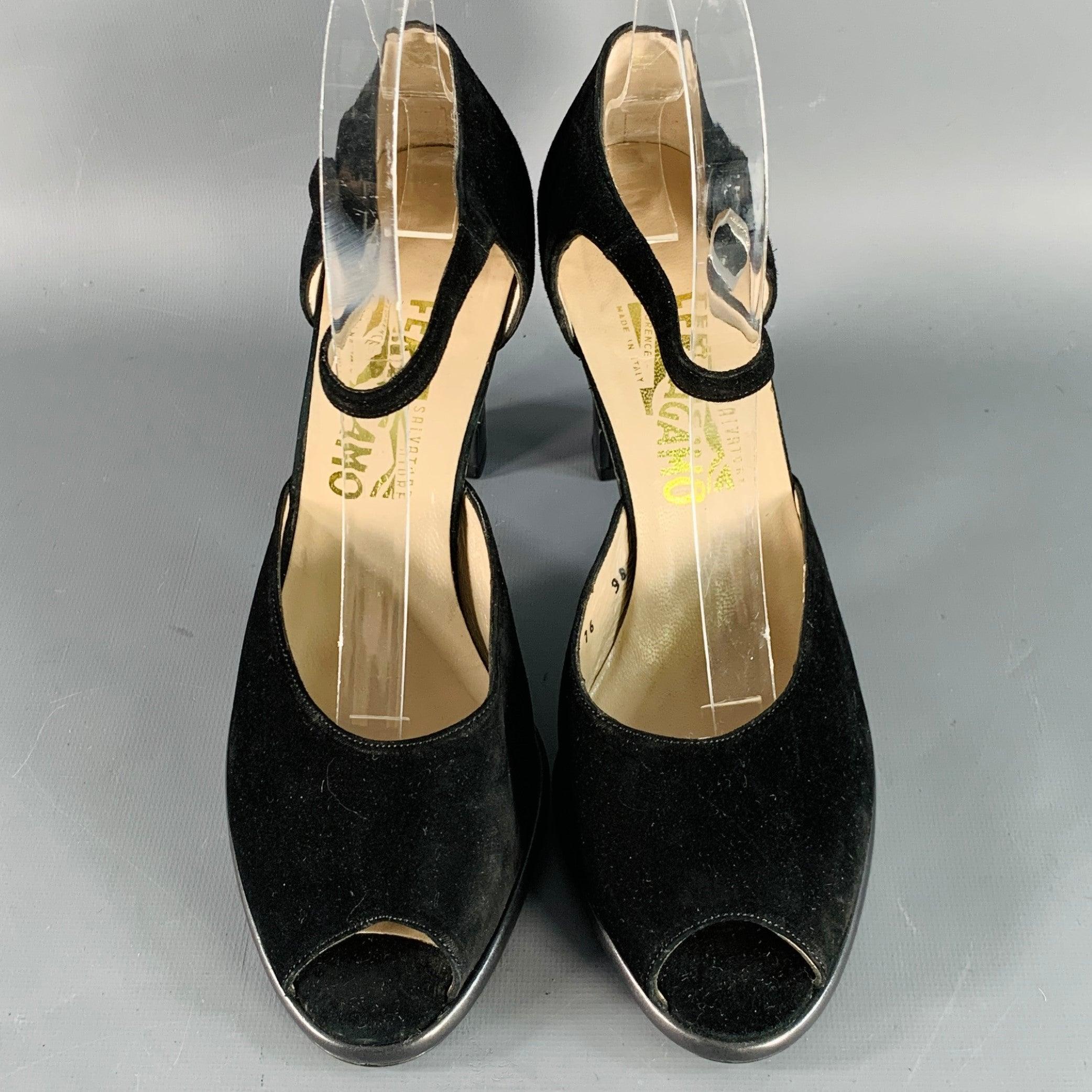 Women's SALVATORE FERRAGAMO Size 9 Black Suede Peep Toe Stacked Heel Ankle Strap Sandals For Sale