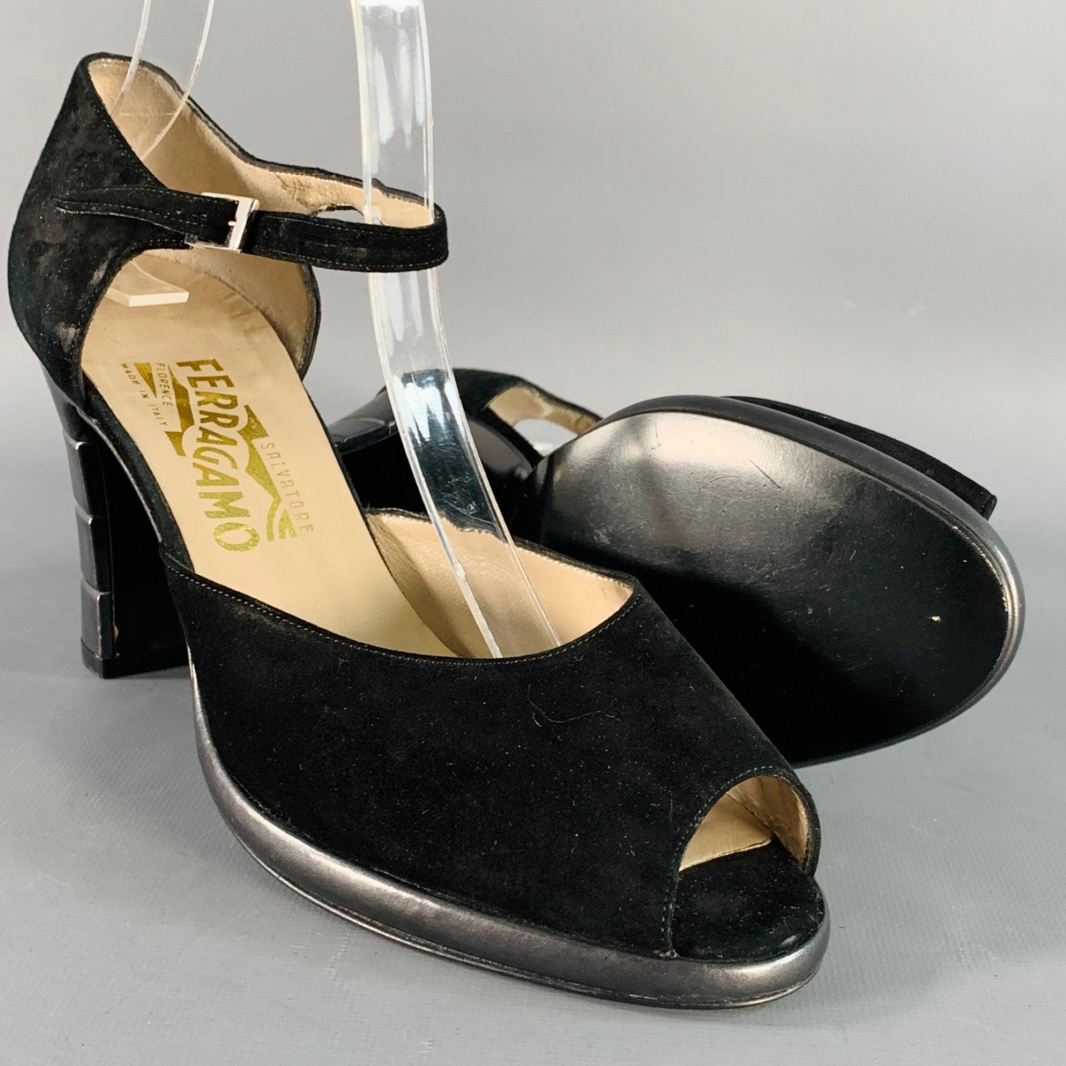 SALVATORE FERRAGAMO Size 9 Black Suede Peep Toe Stacked Heel Ankle Strap Sandals For Sale 1