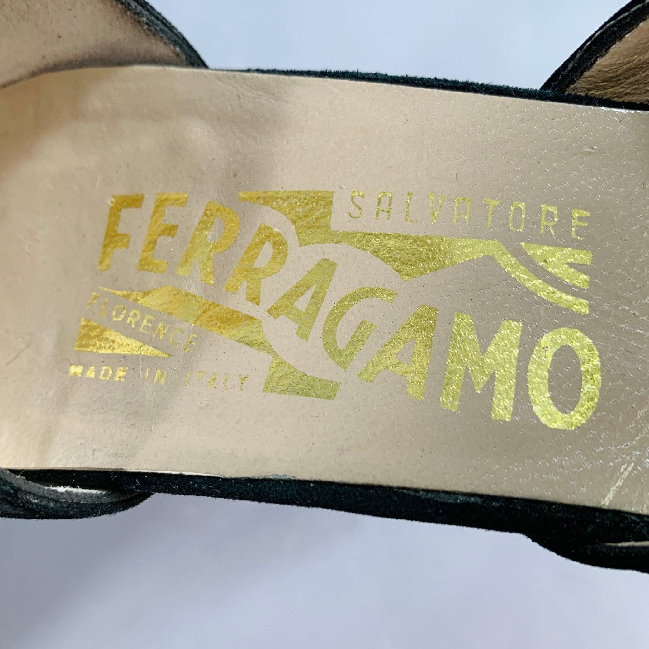 SALVATORE FERRAGAMO Size 9 Black Suede Peep Toe Stacked Heel Ankle Strap Sandals For Sale 3