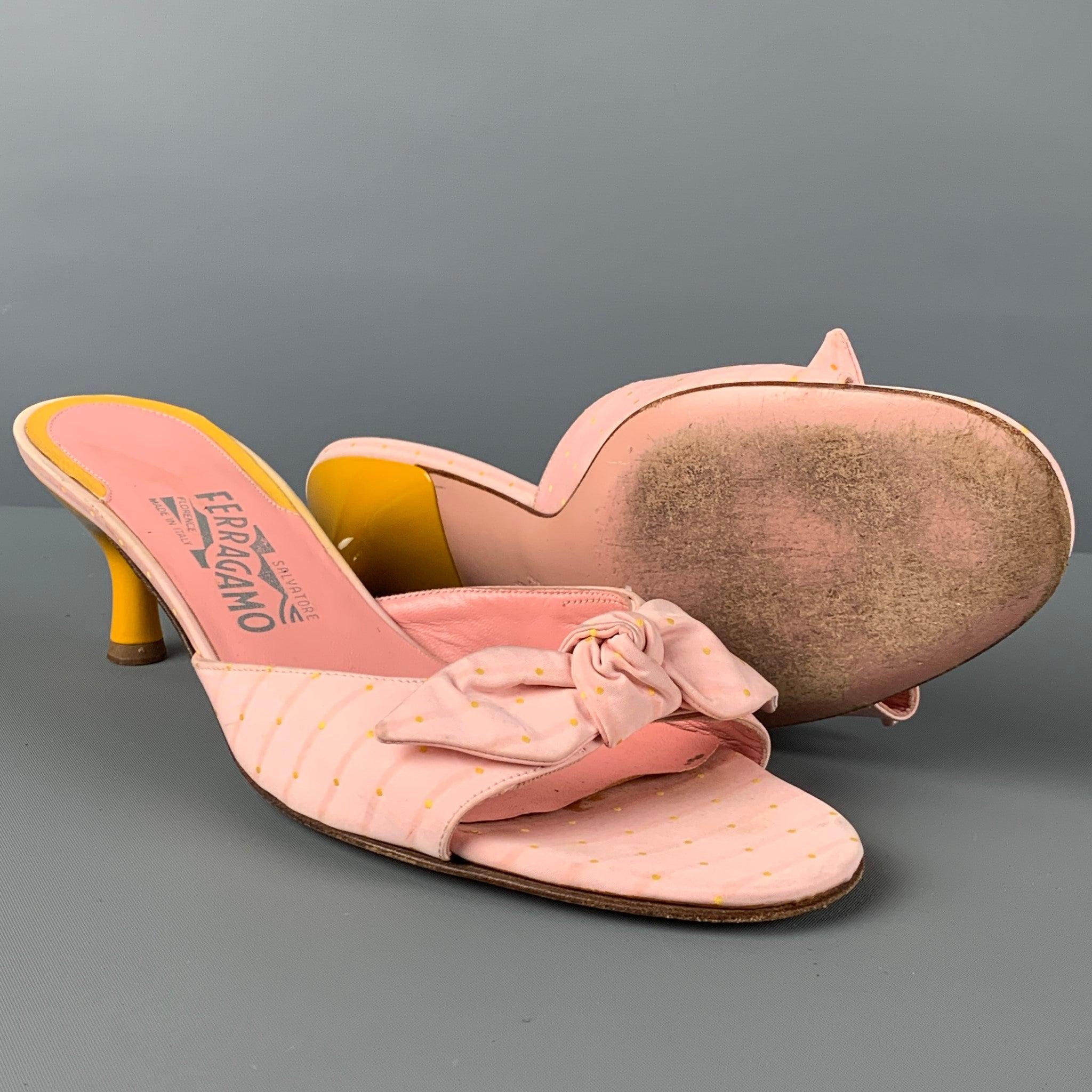 SALVATORE FERRAGAMO Size 9 Pink Leather Yellow Kitten Heel Sandals In Good Condition For Sale In San Francisco, CA