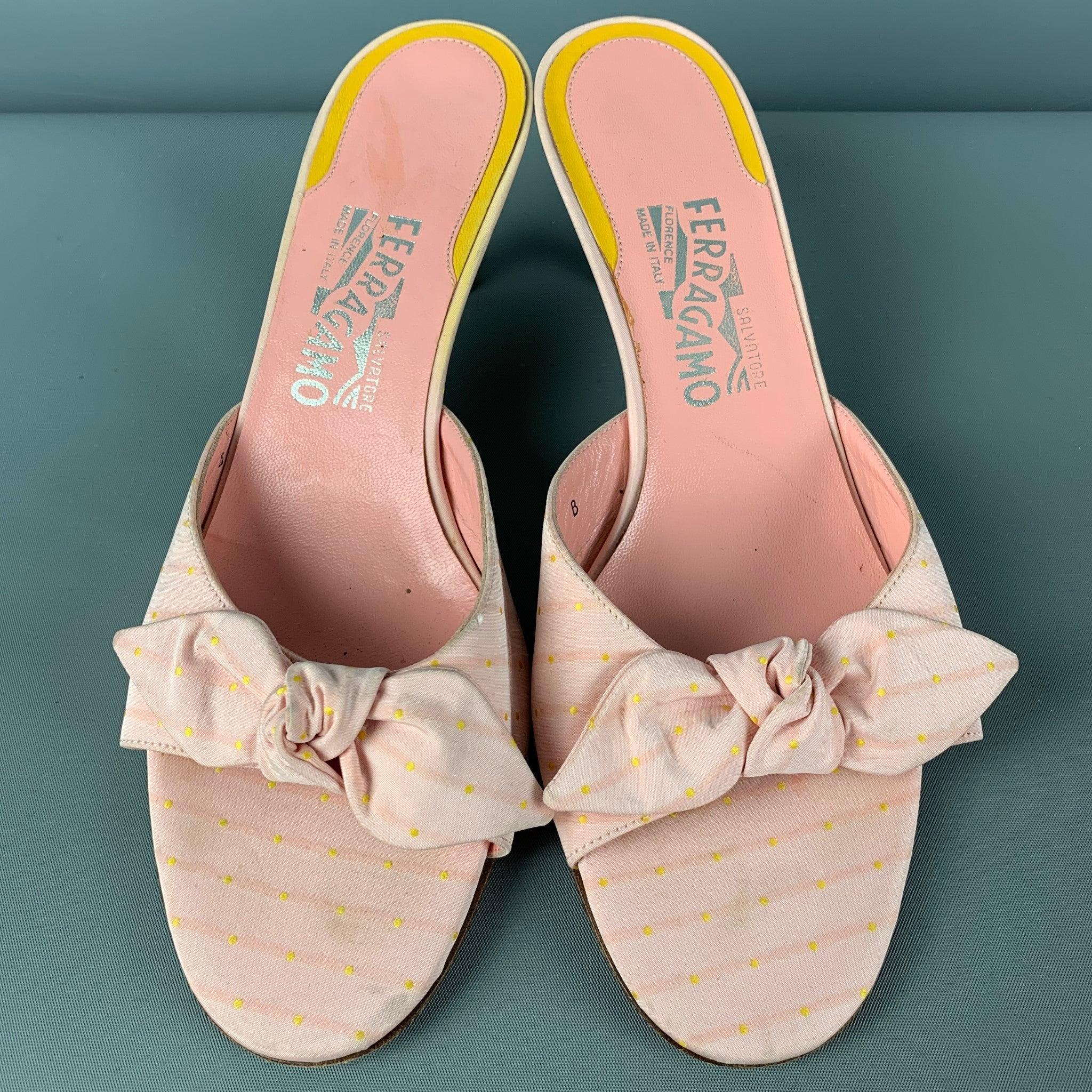 Women's SALVATORE FERRAGAMO Size 9 Pink Leather Yellow Kitten Heel Sandals For Sale