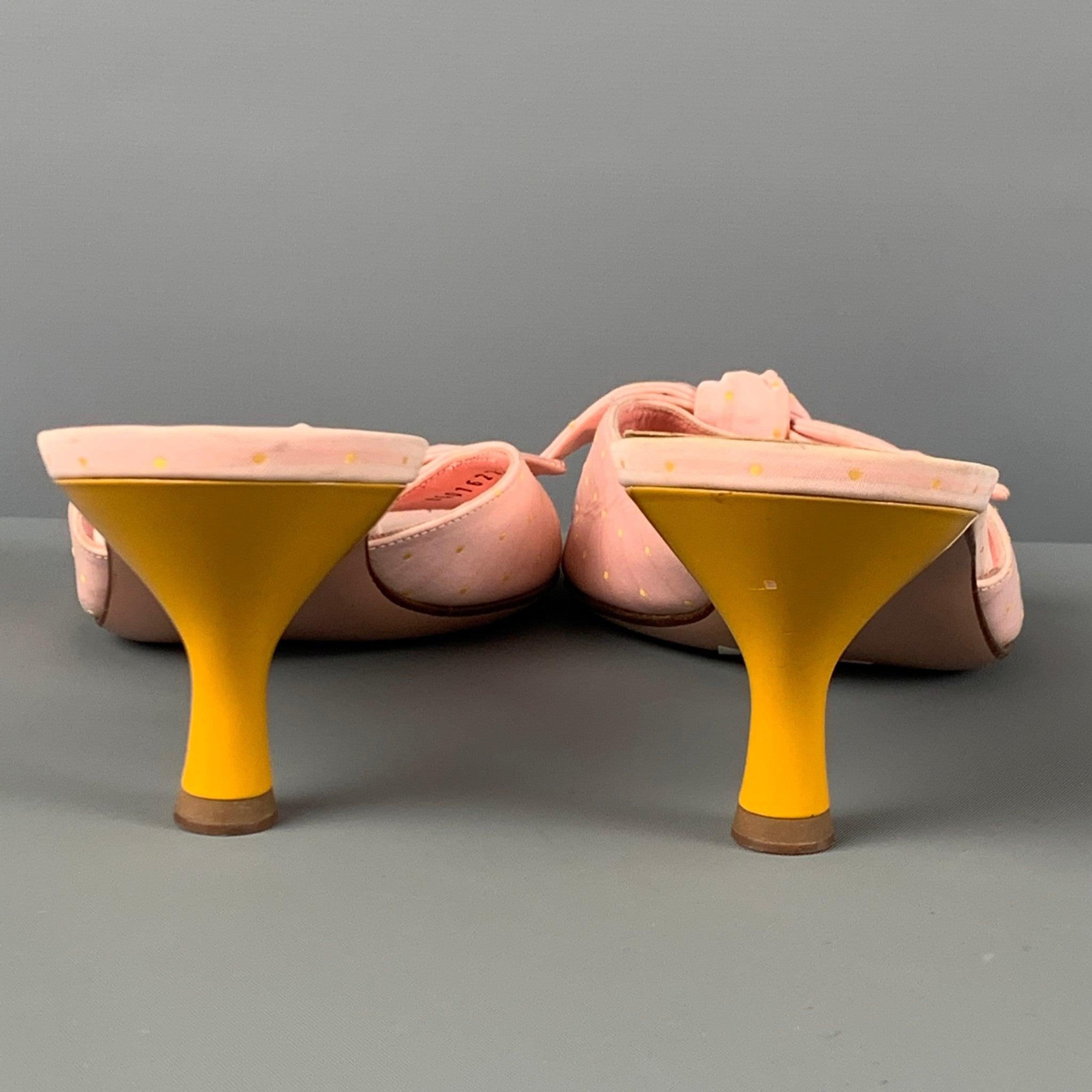 SALVATORE FERRAGAMO Size 9 Pink Leather Yellow Kitten Heel Sandals For Sale 1