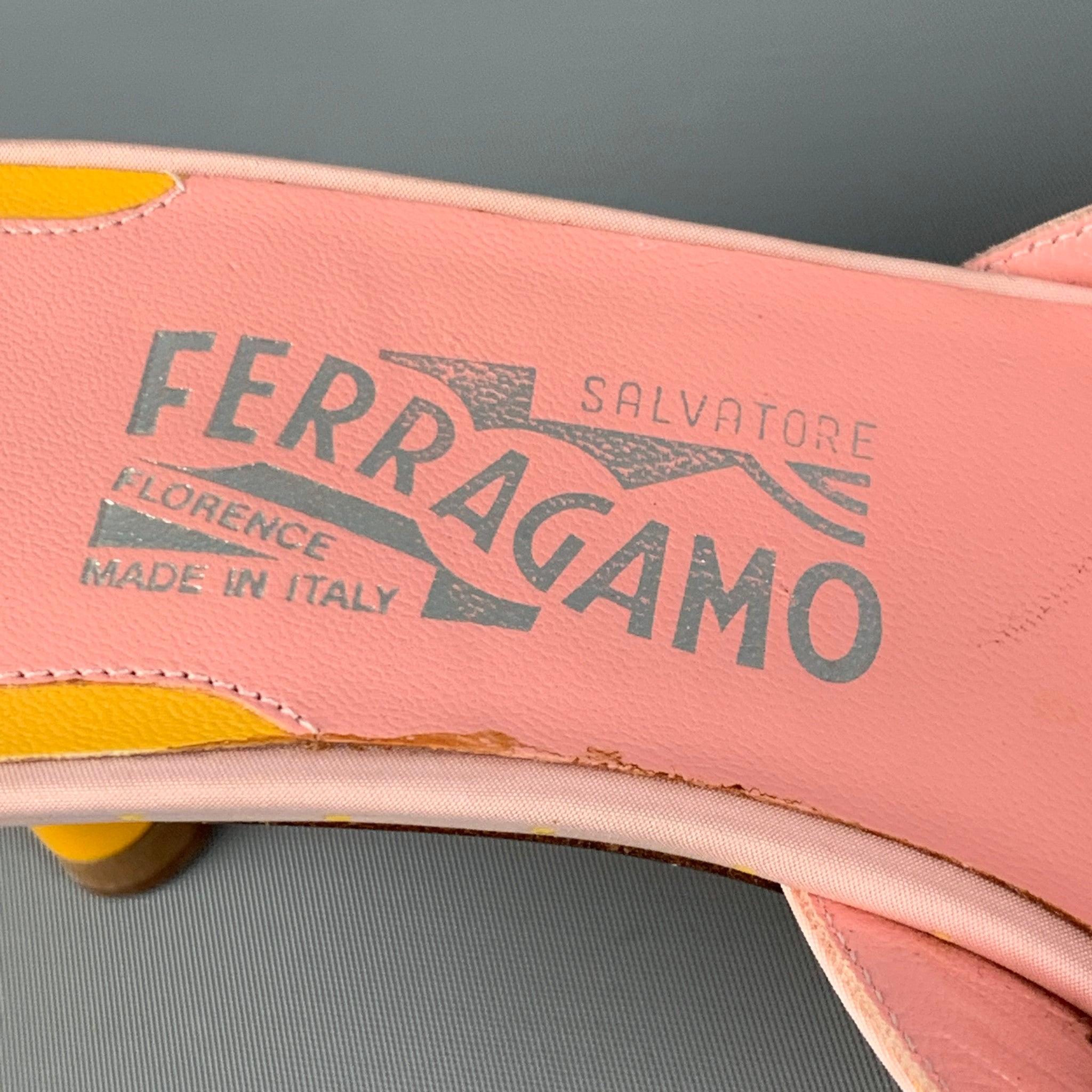 SALVATORE FERRAGAMO Size 9 Pink Leather Yellow Kitten Heel Sandals For Sale 3