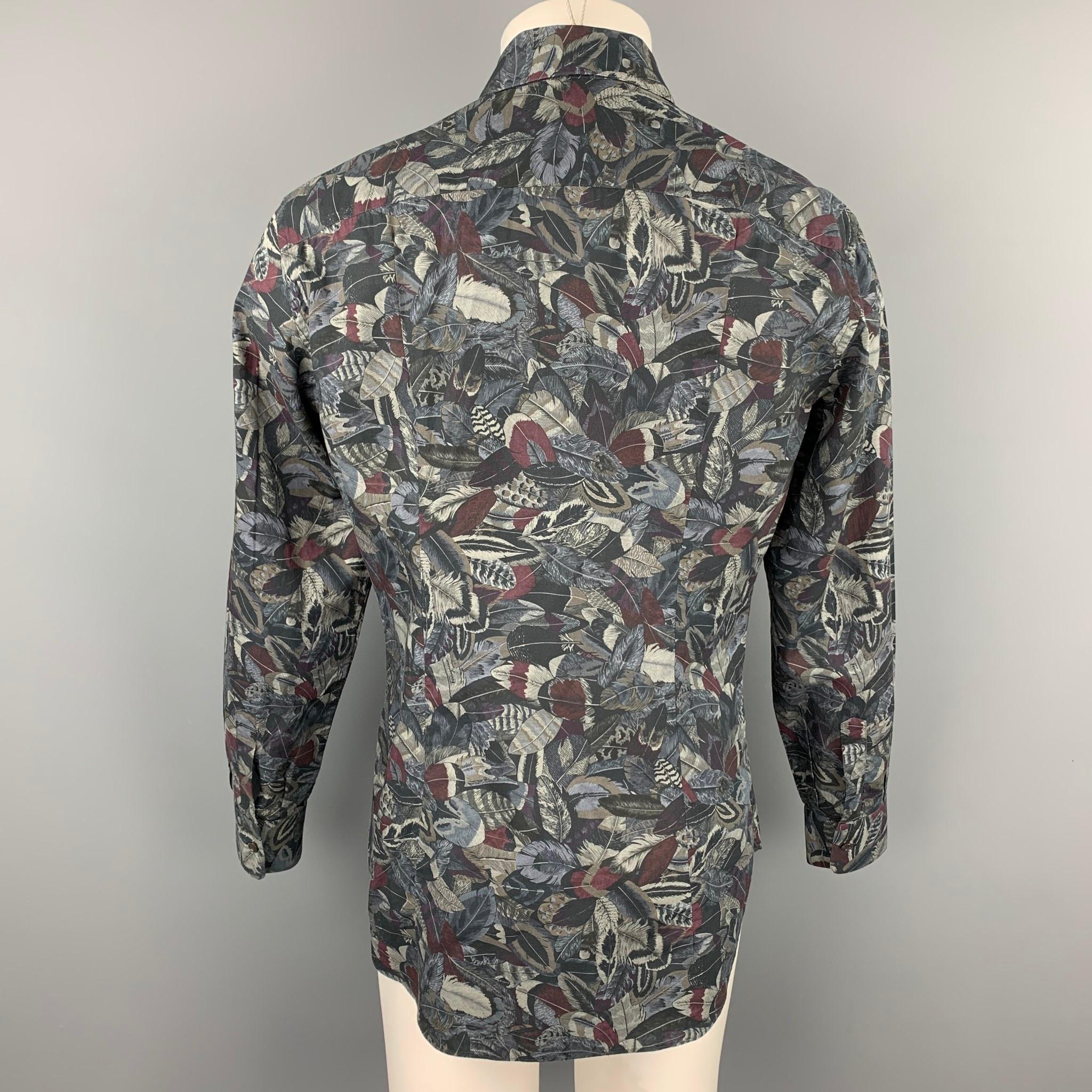 Gray SALVATORE FERRAGAMO Size L Charcoal & Grey Print Cotton Long Sleeve Shirt