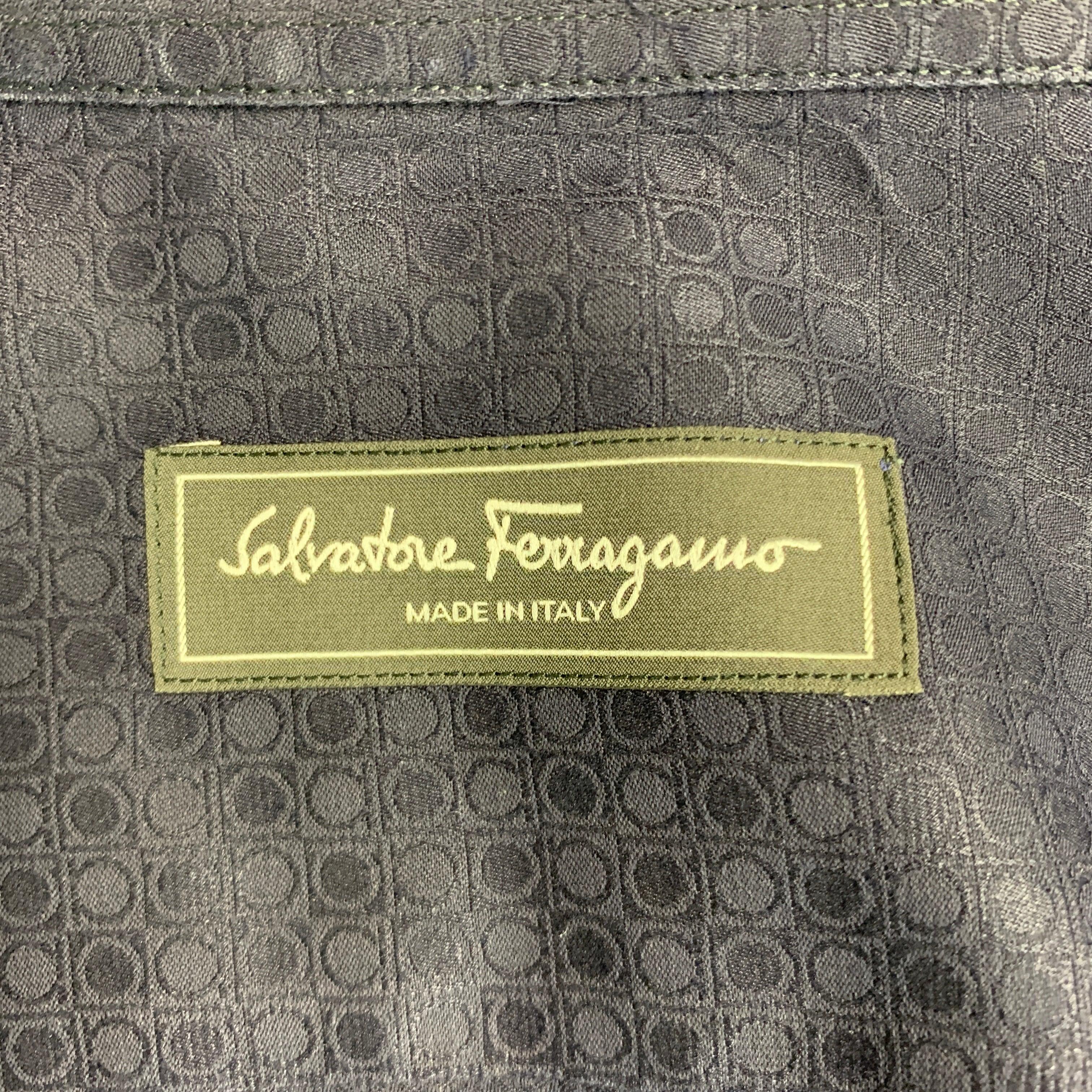 SALVATORE FERRAGAMO Size L Navy Dots Cotton Button Up Long Sleeve Shirt For Sale 2