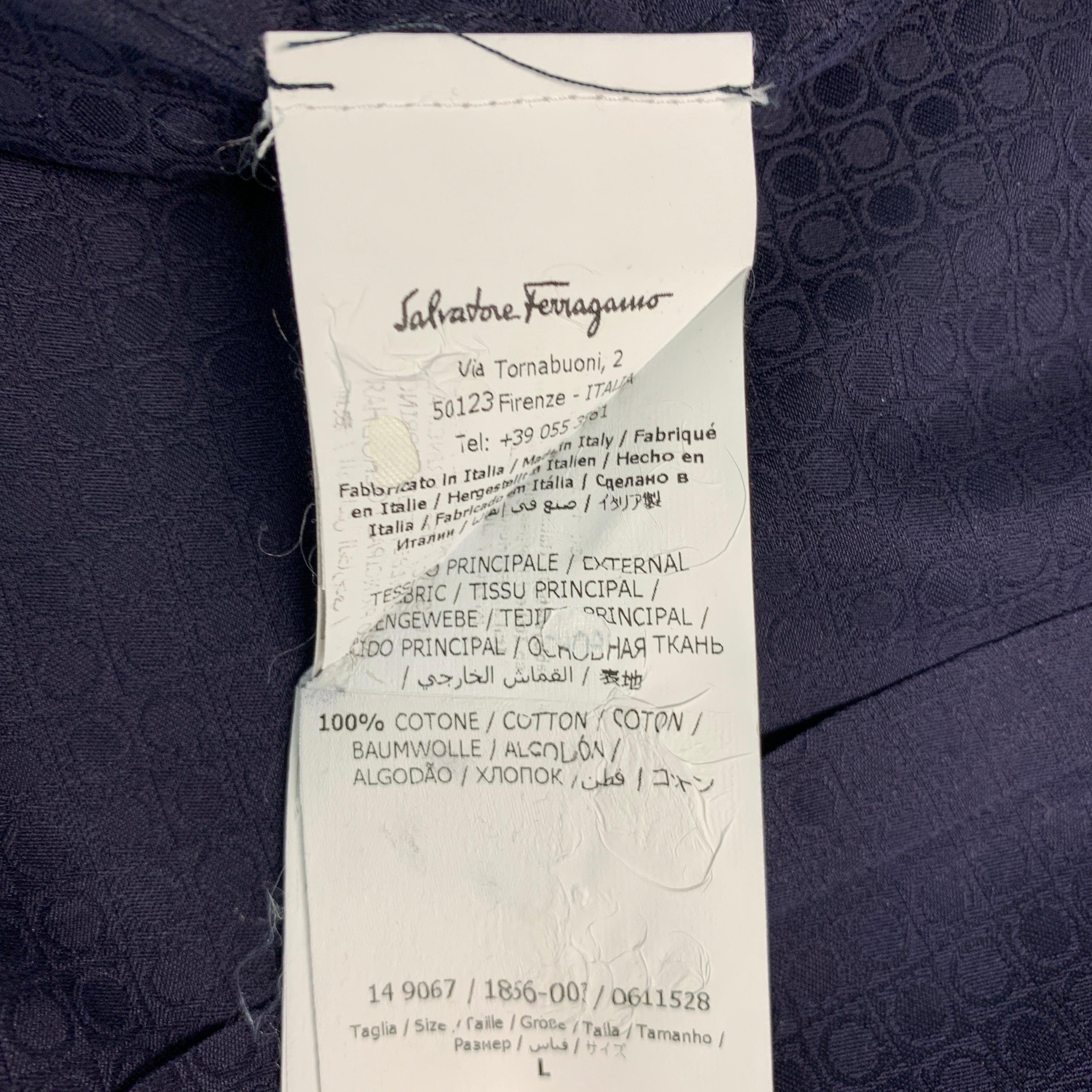 SALVATORE FERRAGAMO Size L Navy Dots Cotton Button Up Long Sleeve Shirt For Sale 3