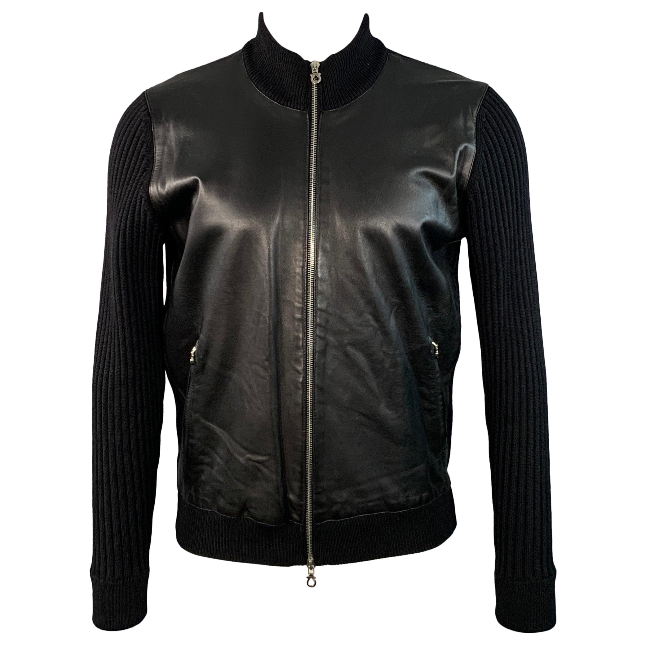SALVATORE FERRAGAMO Taille M Veste zippée en cuir vierge noir et laine côtelée
