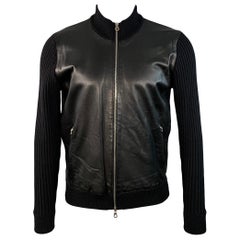 SALVATORE FERRAGAMO Taille M Veste zippée en cuir vierge noir et laine côtelée