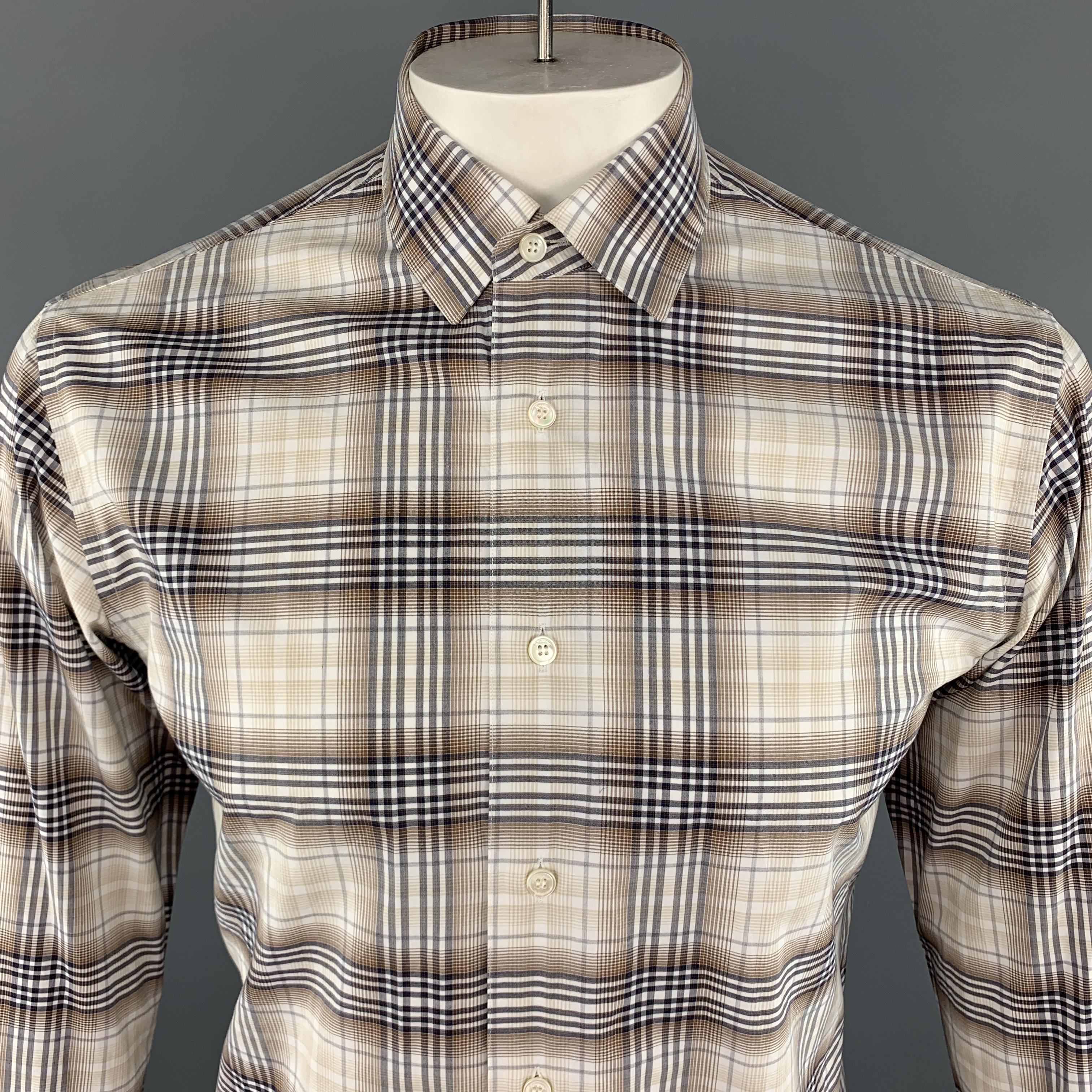 SALVATORE FERRAGAMO Long Sleeve Shirt comes in brown tones in a plaid cotton material, with a classic collar, buttoned cuffs, button up. Made in Italy.

Excellent Pre-Owned Condition.
Marked: M

Measurements:

Shoulder: 17 in. 
Chest: 44 in.