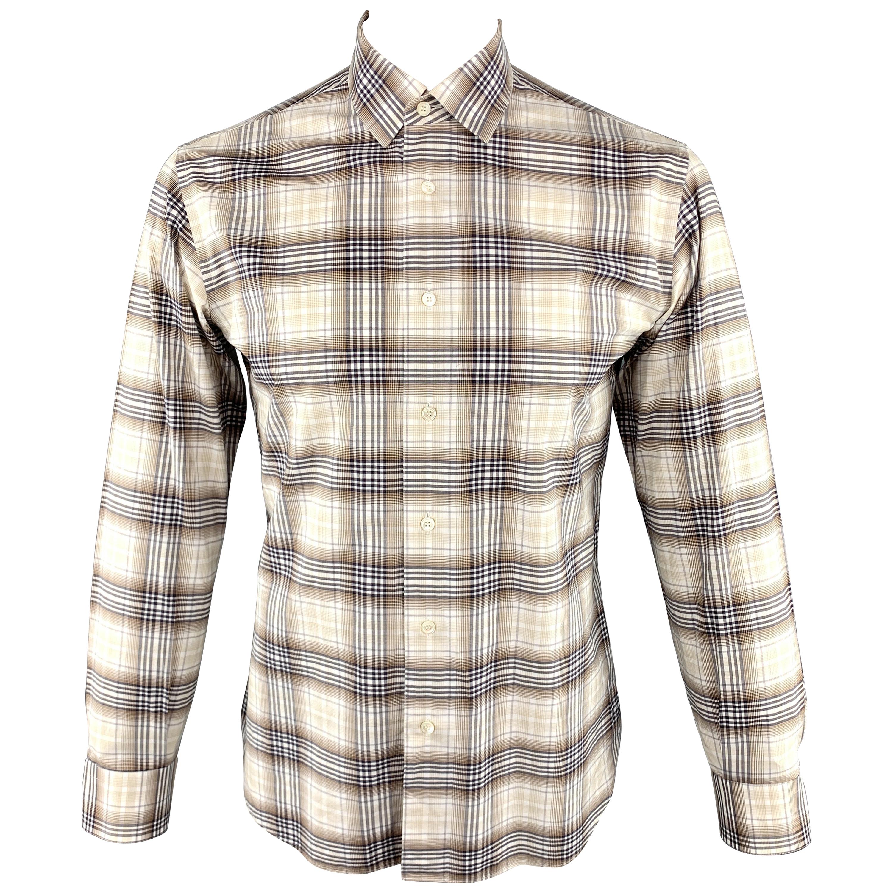 SALVATORE FERRAGAMO Size M Brown Plaid Cotton Long Sleeve Shirt