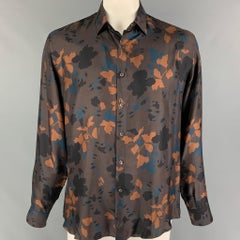 SALVATORE FERRAGAMO Size XL Brown Print Silk Button Up Long Sleeve Shirt