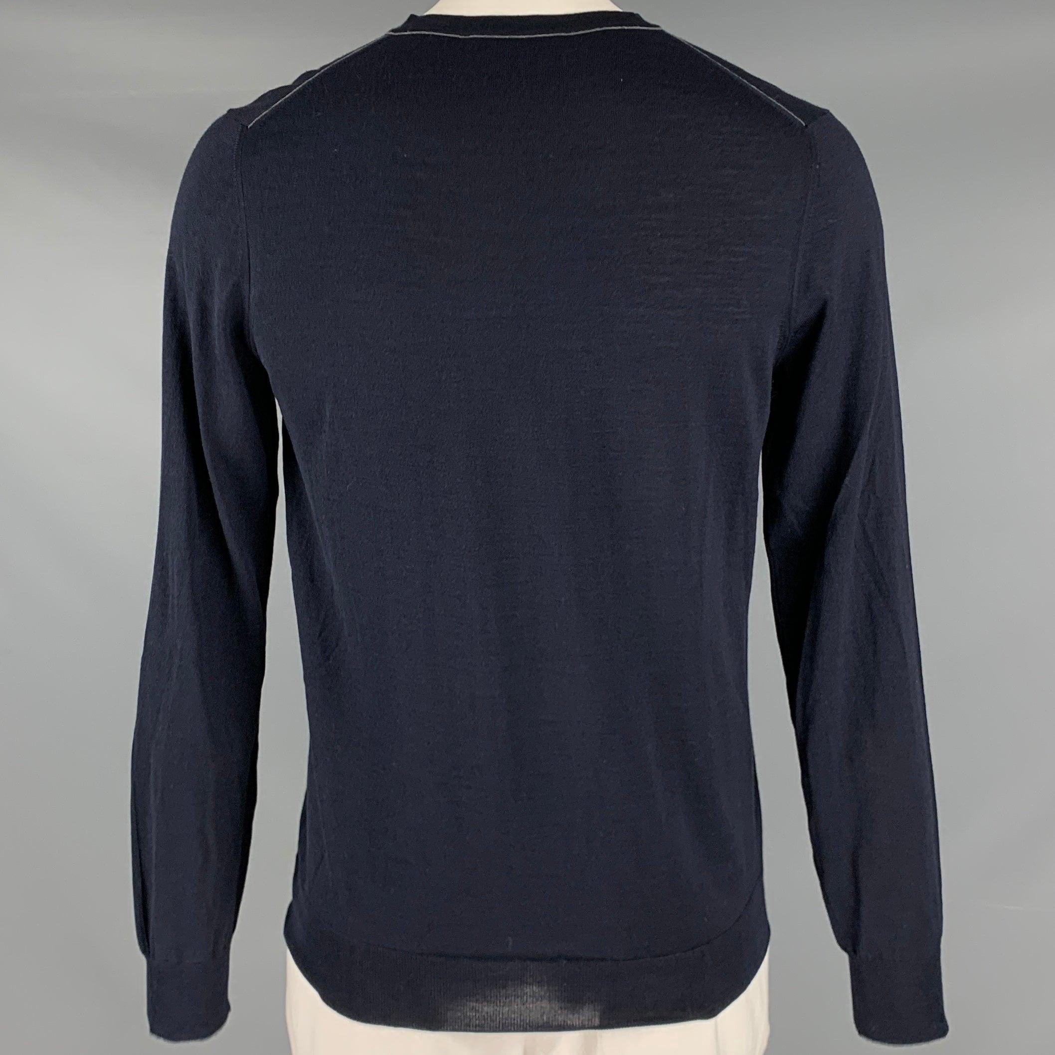 SALVATORE FERRAGAMO Size XL Navy Knit Wool Silk V-Neck Pullover In Good Condition For Sale In San Francisco, CA